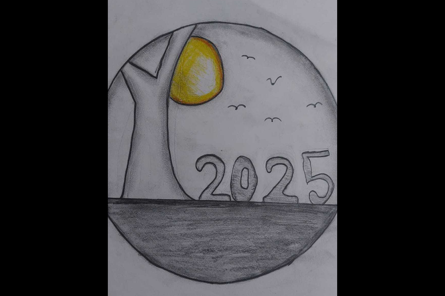 Pencil drawing by a child showing a glowing golden sun rising over the number 2025