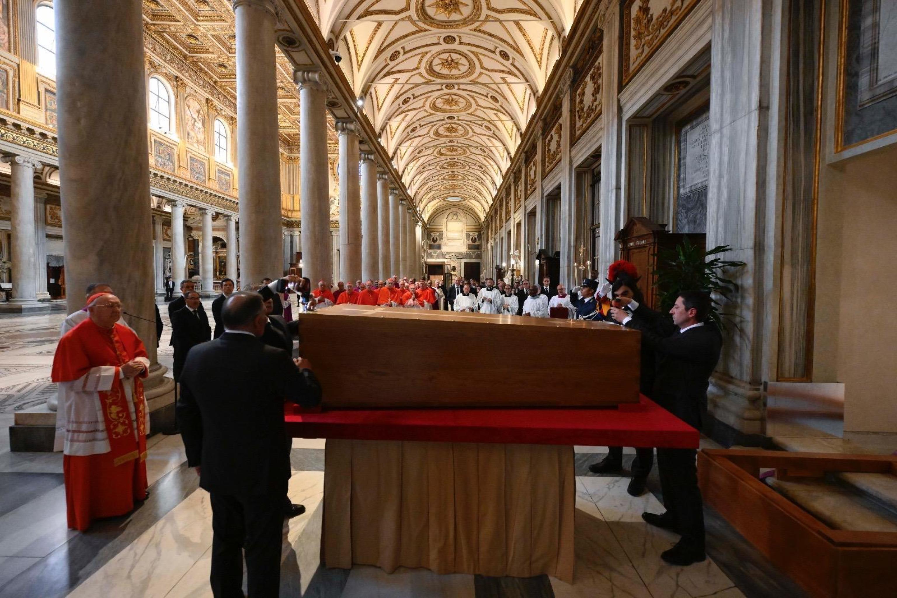 Cardinal Kevin Joseph Farrell (L), Camerlengo of the Holy Roman Church, presiding over the entombment of the late Pope Francis in the Basilica of Santa Maria Maggiore in Rome, Italy. [File: Vatican media handout/EPA-EFE] 