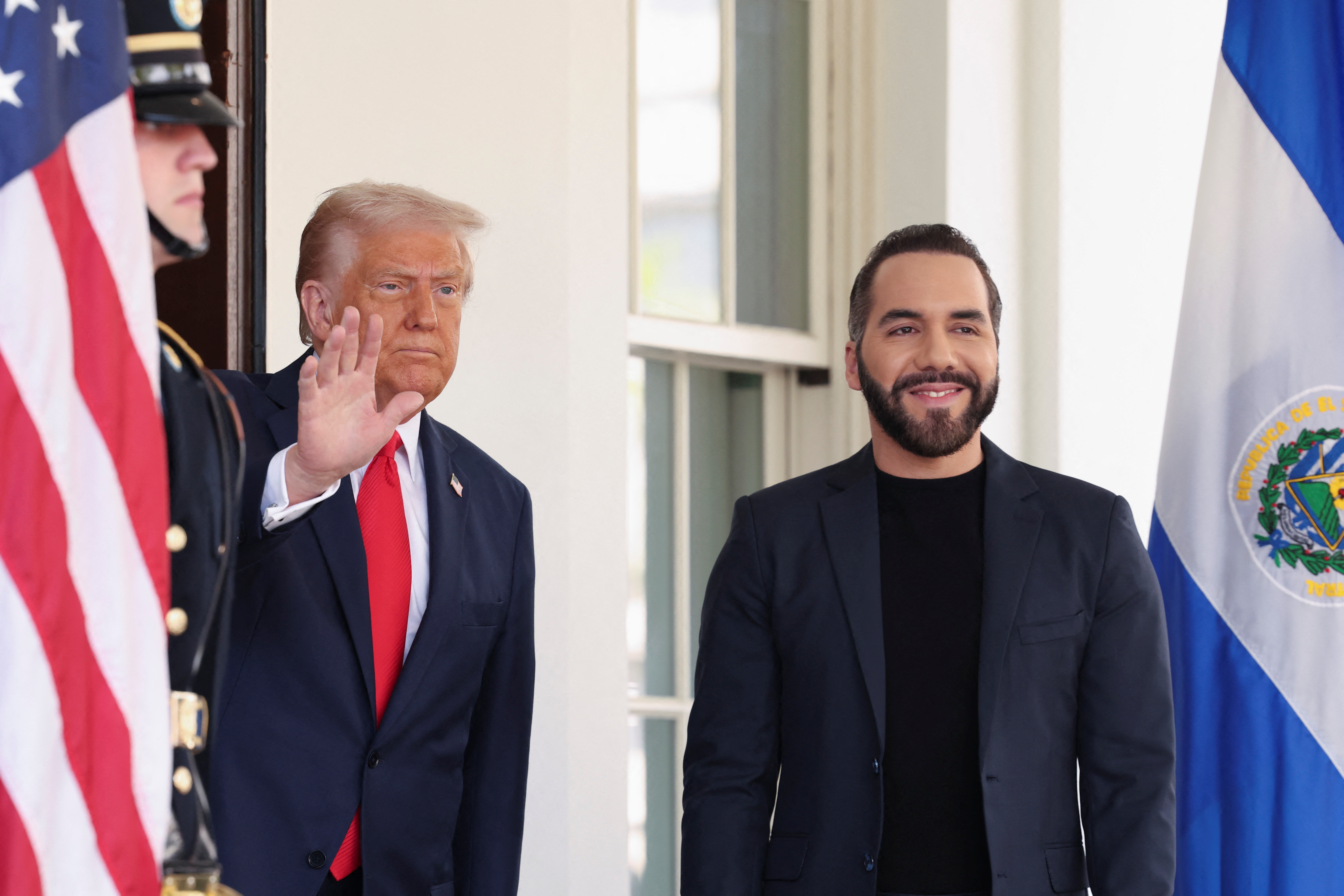 U.S. President Donald Trump waves as he welcomes El Salvador President Nayib Bukele at the White House in Washington, D.C., U.S., April 14, 2025.