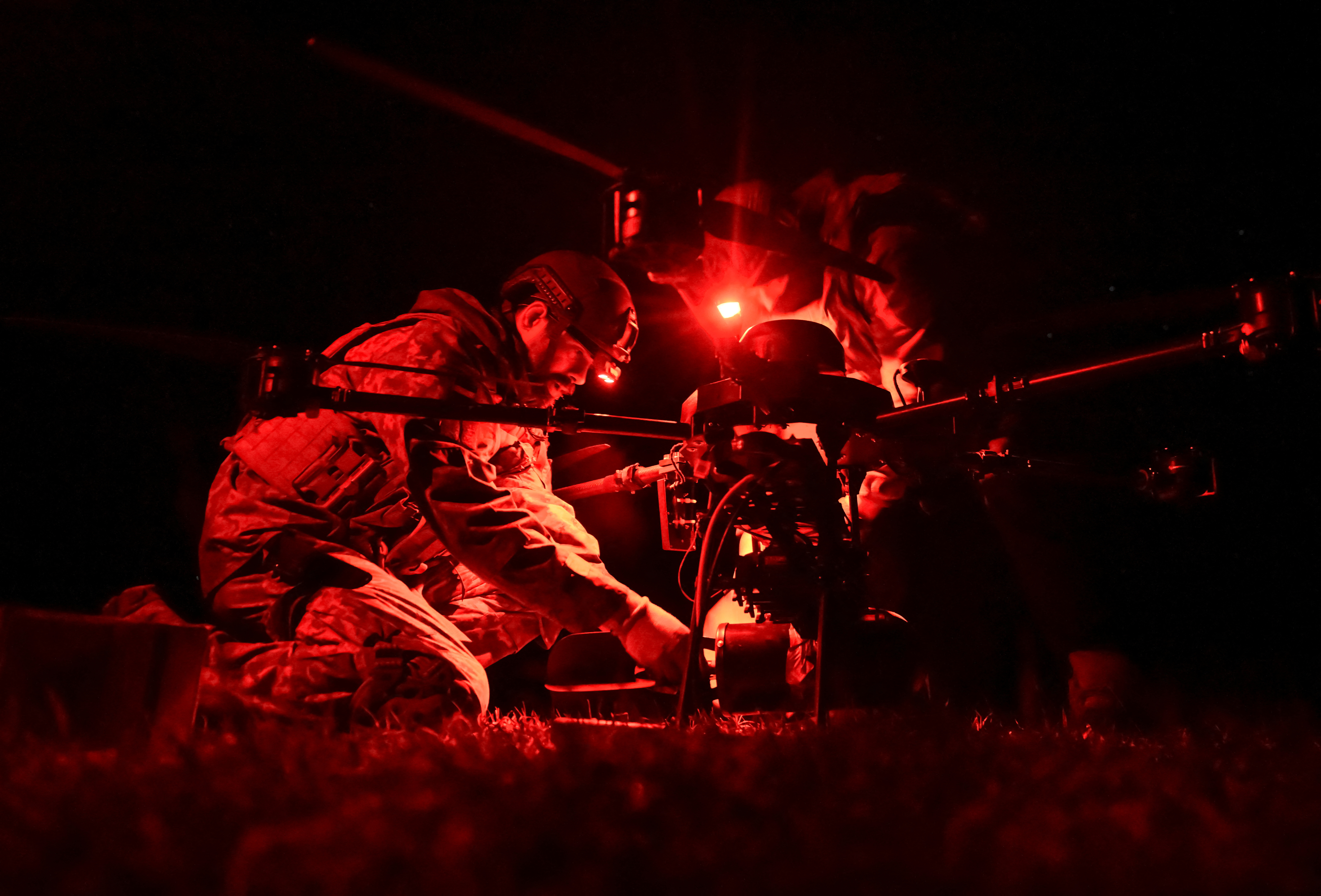 Servicemen of the 113th Battalion of the 110th separate territorial defence brigade of the Armed Forces of Ukraine prepare a Vampire combat drone before flying over positions of Russian troops, amid Russia's attack on Ukraine, in Zaporizhzhia region, Ukraine April 28, 2025.