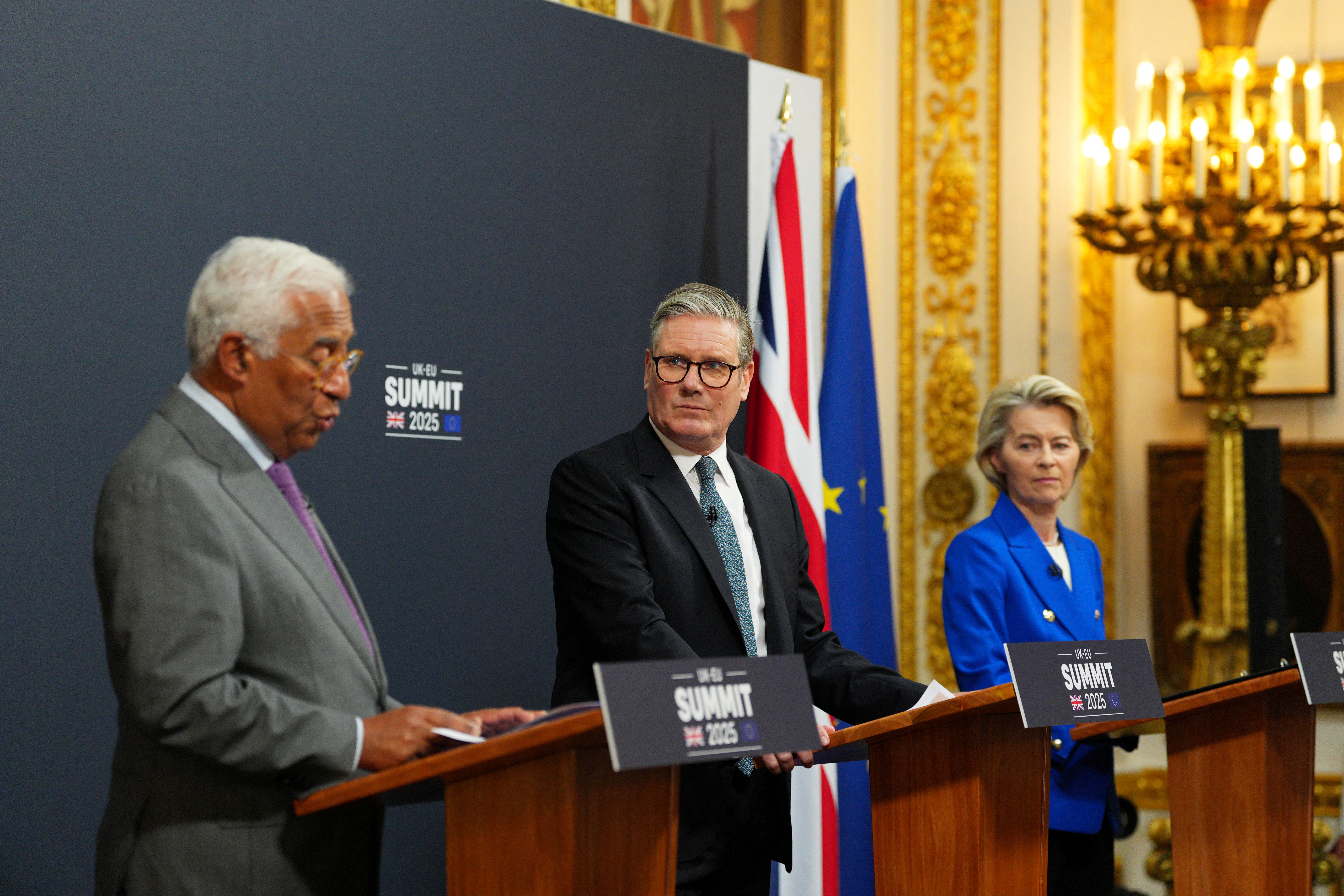 European Council President Antonio Costa, Britain's Prime Minister Keir Starmer and President of the European Commission, Ursula von der Leyen attend a press conference at the UK-EU summit
