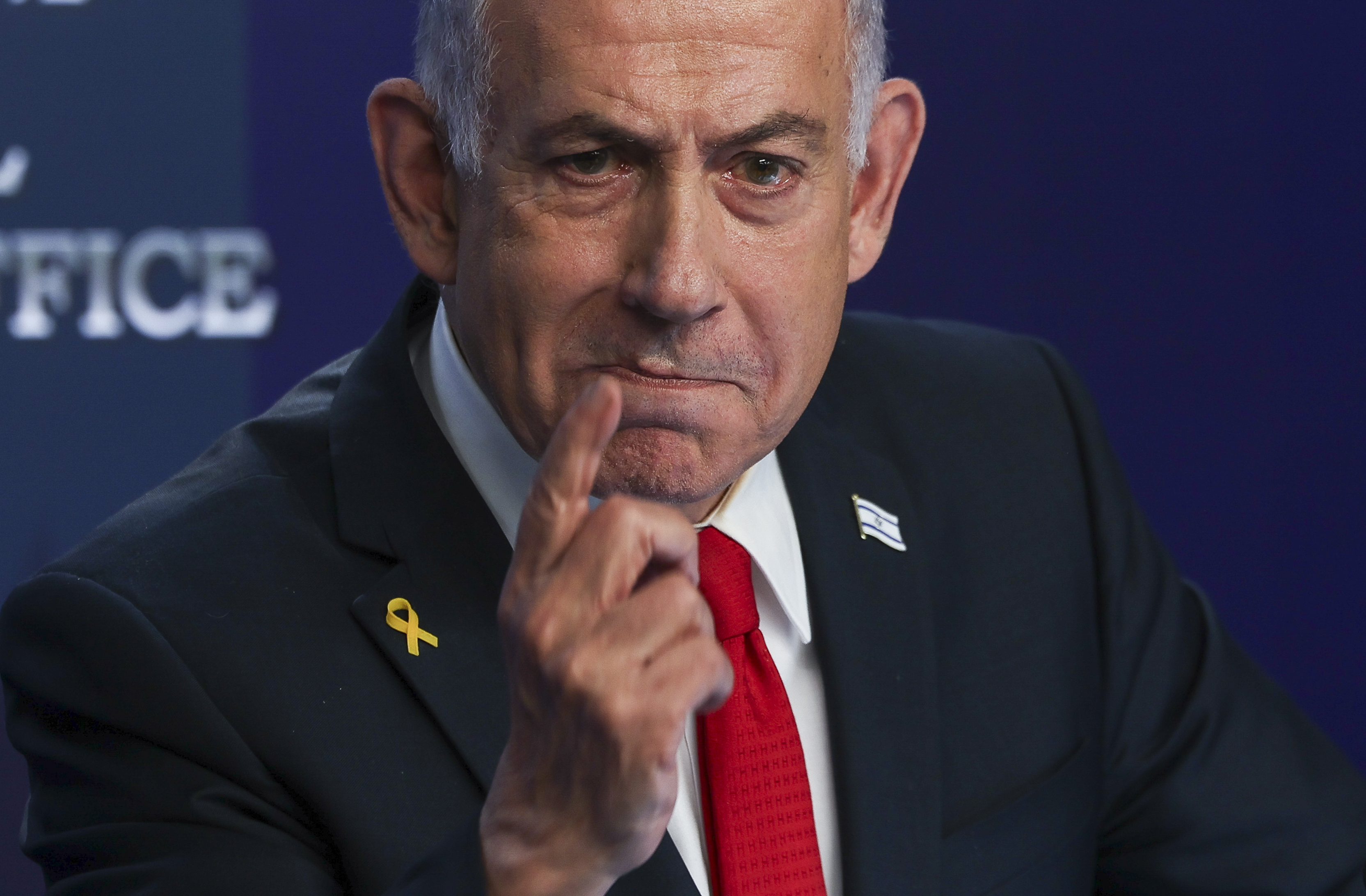 Israeli Prime Minister Benjamin Netanyahu speaks during a press conference in Jerusalem, Wednesday, May 21, 2025. (Ronen Zvulun/Pool Photo via AP)