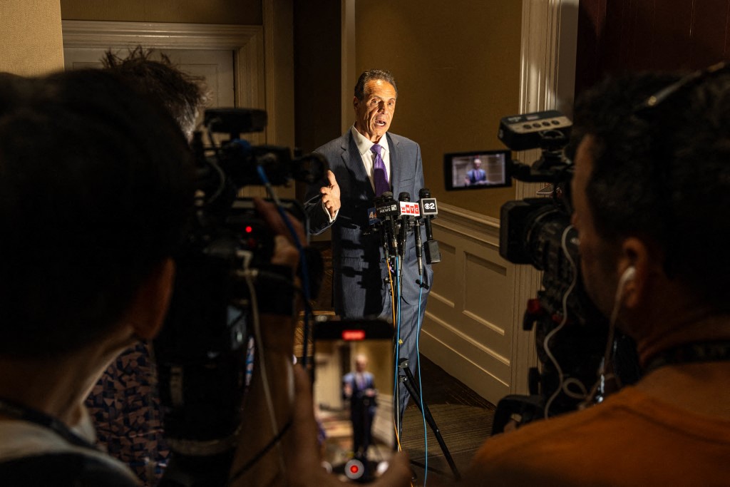 Former New York Governor Andrew Cuomo addresses the media following a speech at an event for the International Brotherhood of Electrical Workers on June 22, 2025 in New York City. [Alex Kent/Getty Images/AFP]