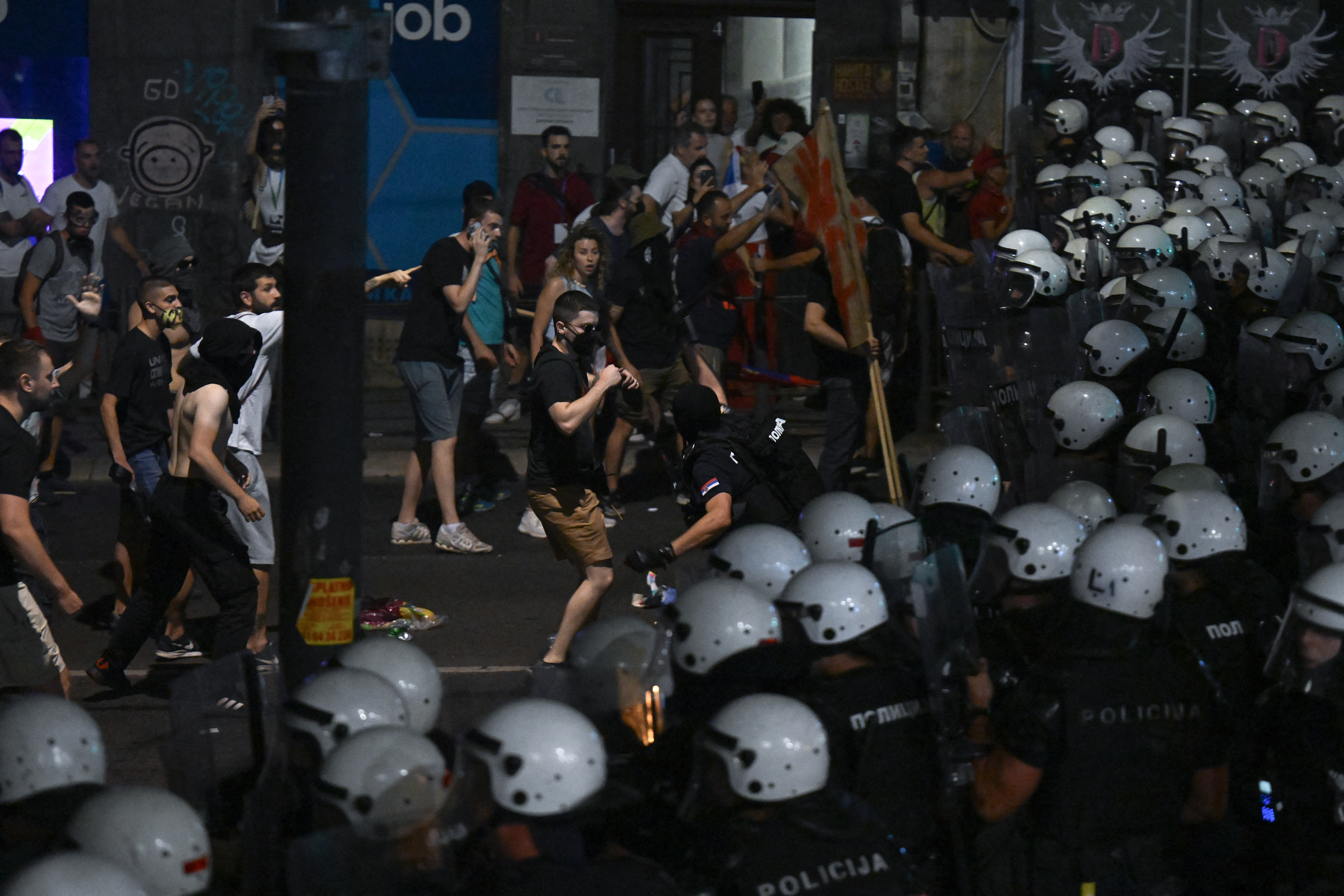 Protestors clash with Serbian Riot Police as tens of thousands of protesters gather in central Belgrade on June 28, 2025.