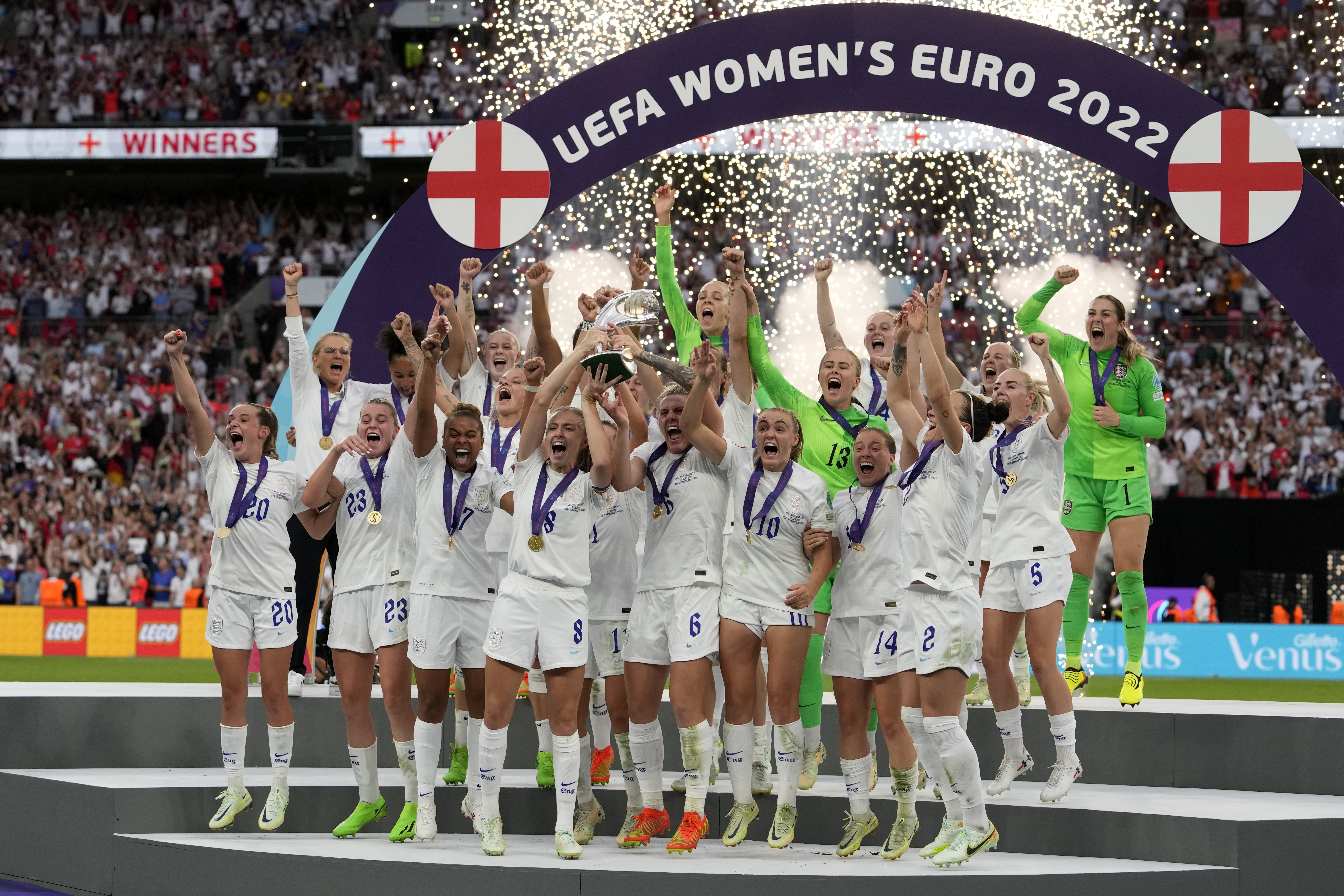 FILE - England's Leah Williamson, center left, and Millie Bright lift the trophy after winning the Women's Euro 2022 final soccer match between England and Germany at Wembley stadium in London, Sunday, July 31, 2022. Title holder England landed in a tough group with France, Sweden and Ireland in the qualifying draw for the 2025 European Championship in women's soccer. Euro 2022 winner England then reached the Women's World Cup final last year where Sweden was a semifinalist and France reached the quarterfinals. World Cup winner Spain will play Denmark, Belgium and the Czech Republic. (AP Photo/Alessandra Tarantino, File)