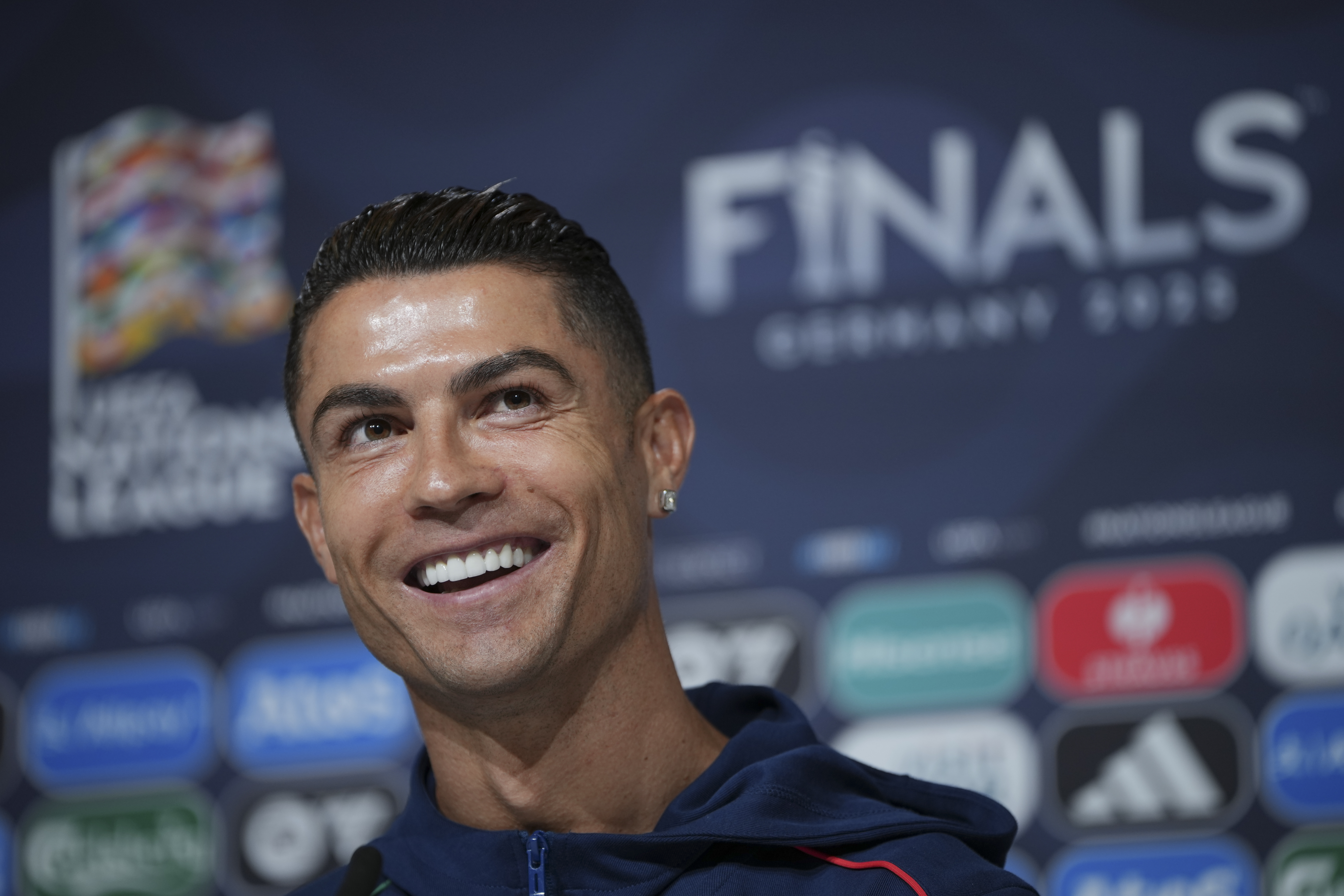 Cristiano Ronaldo of Portugal speaks to the media during a Portugal Press Conference ahead of the UEFA Nations League 2025 Final between Portugal and Spain at Munich Football Arena on June 07, 2025 in Munich, Germany.