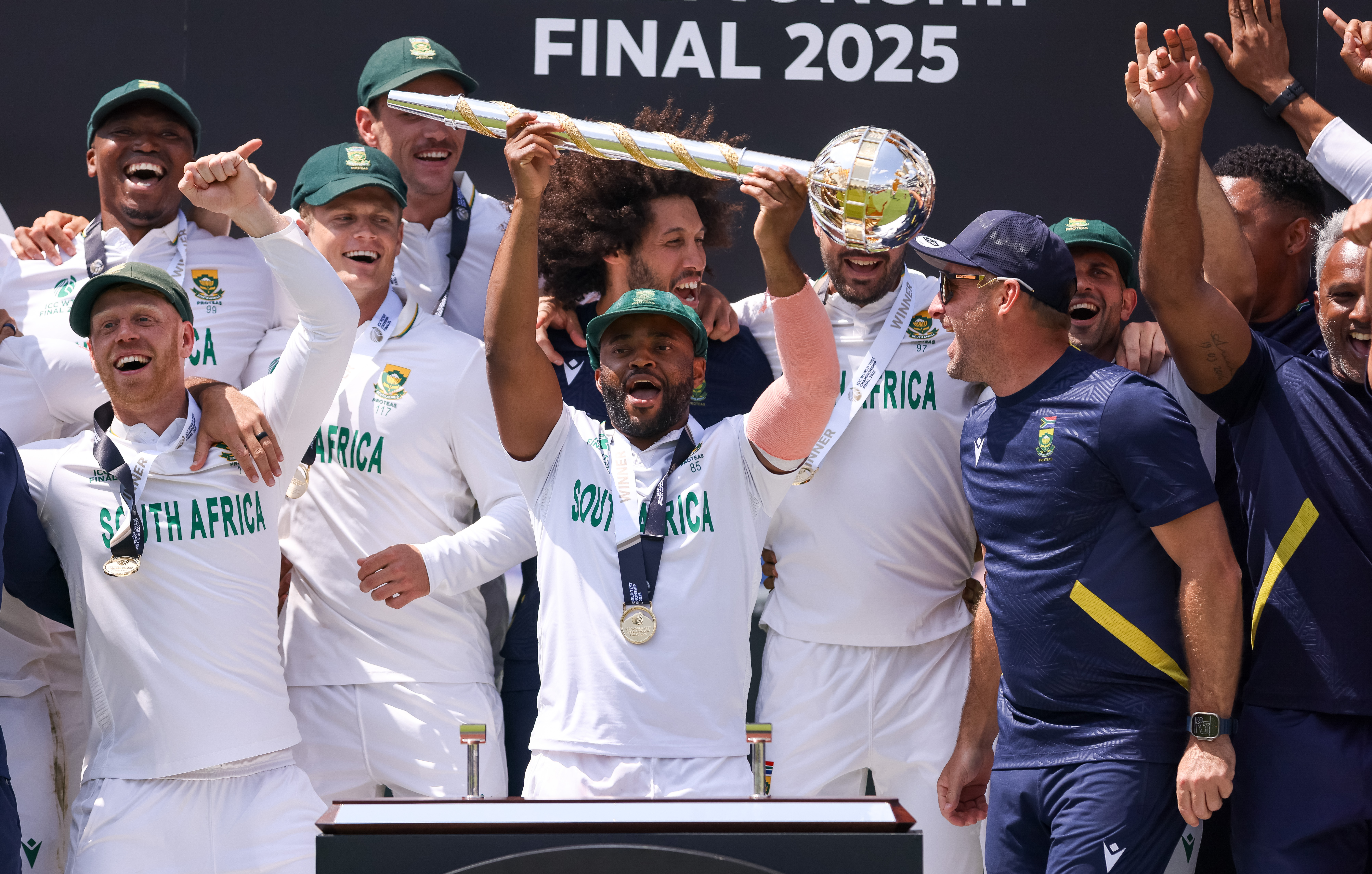Kagiso Rabada of South Africa celebrates with the trophy after winning the final during day 4 of the ICC World Test Championship, final match between South Africa and Australia