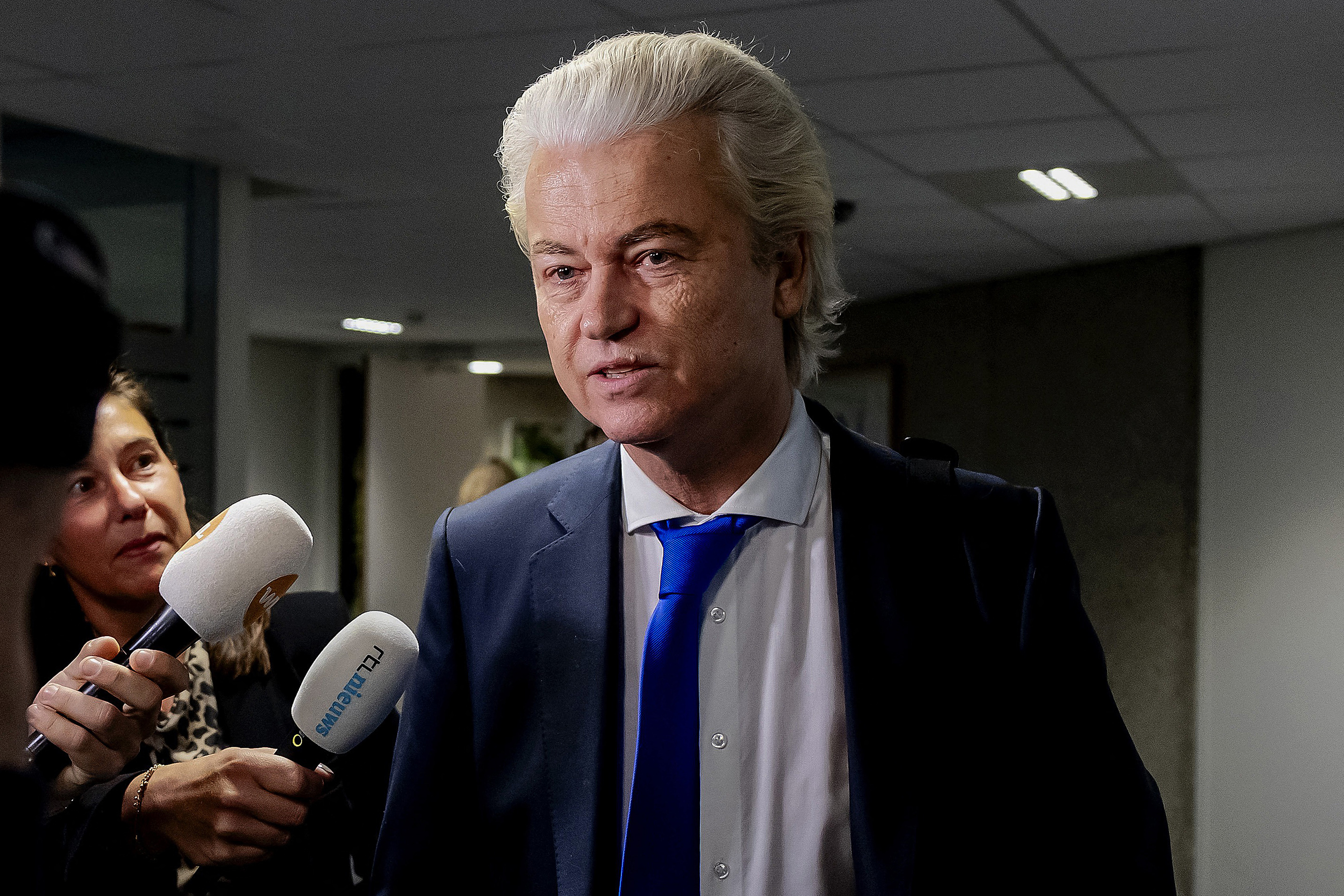 Dutch leader Geert Wilders addresses the media.
