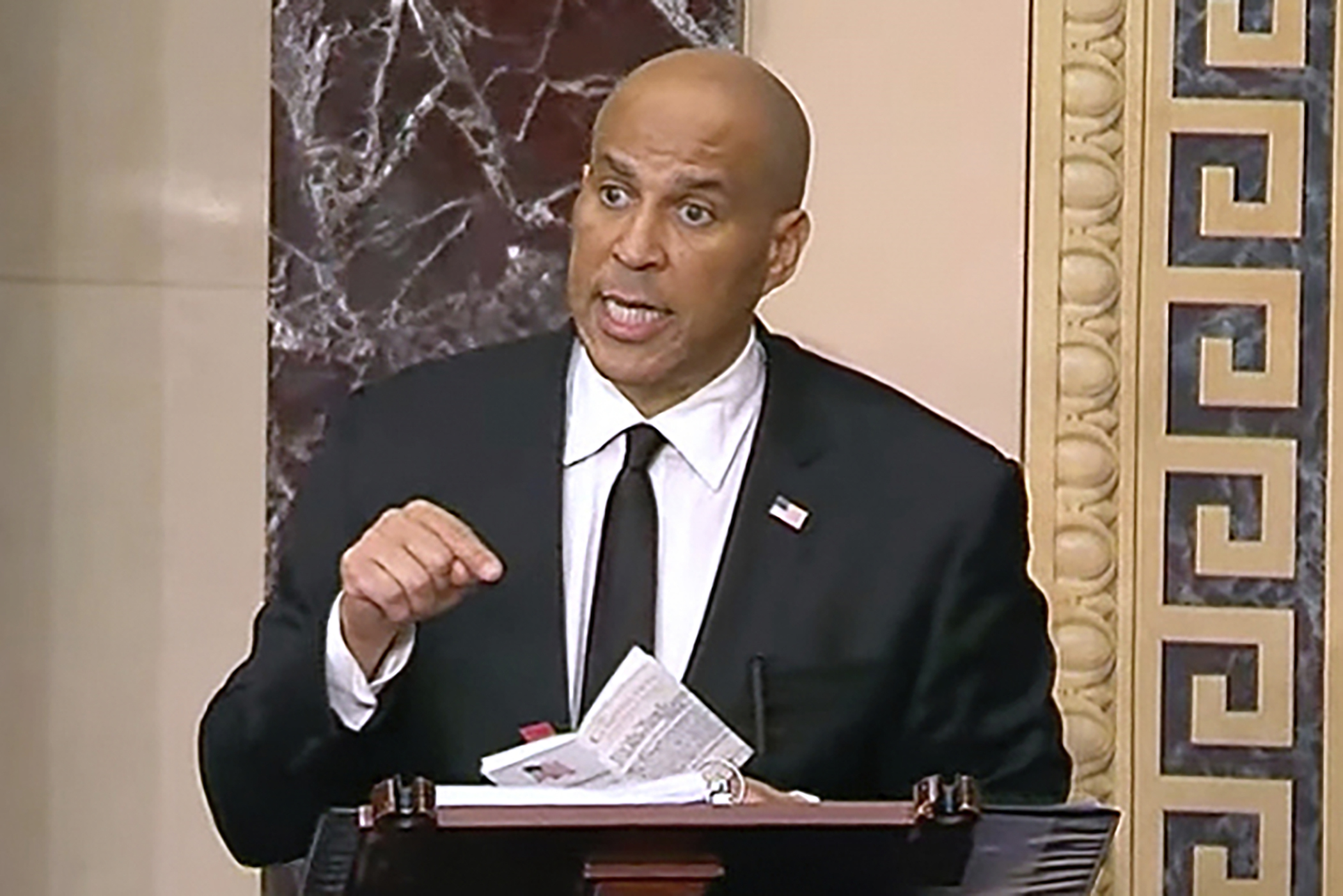 In this image provided by Senate Television, Sen, Cory Booker, D-N.J. speaks on the Senate floor, Tuesday morning, April 1, 2025. (Senate Television via AP)