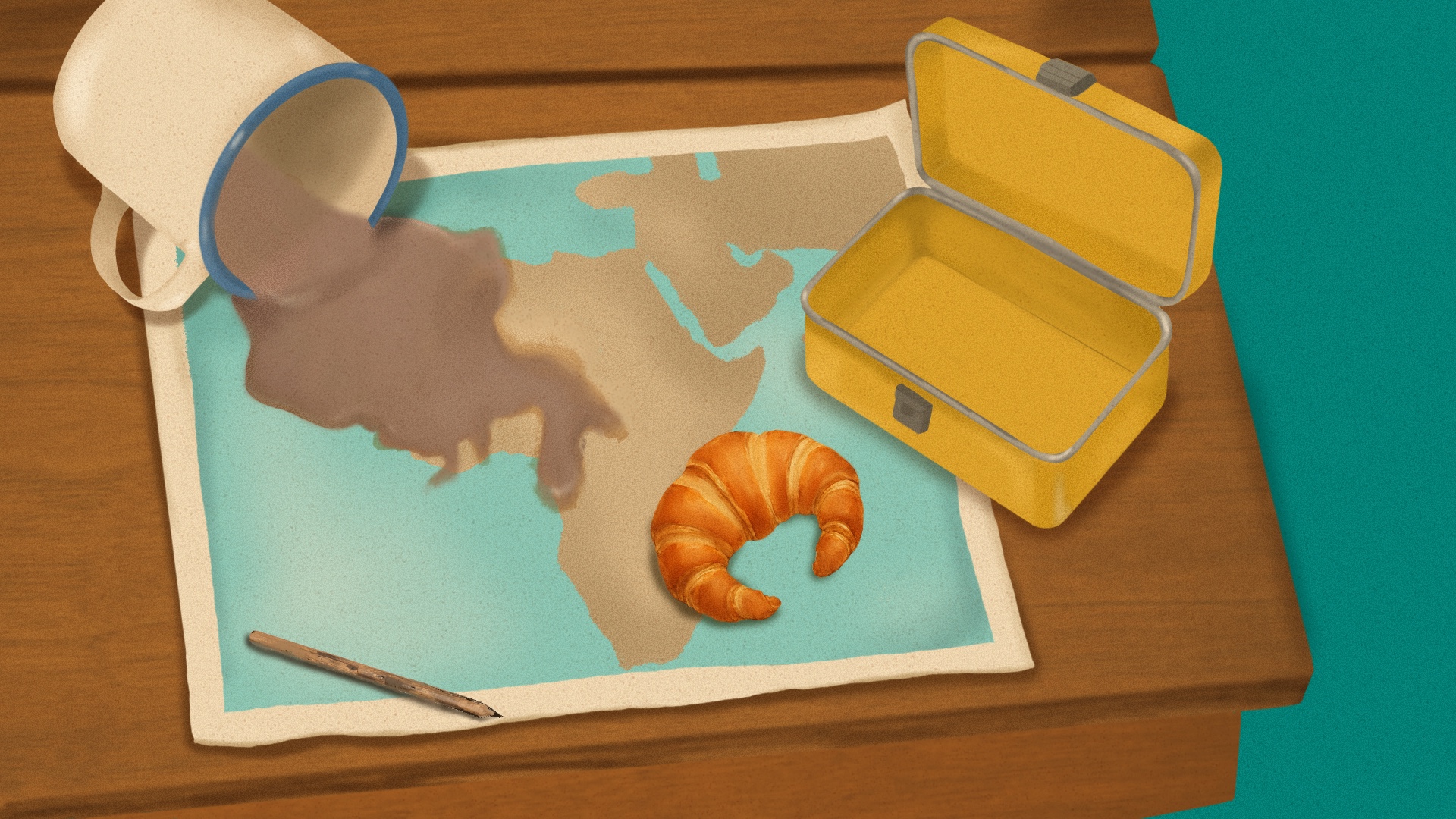 An illustration of a child's chocolate drink spilled on a map of Africa.