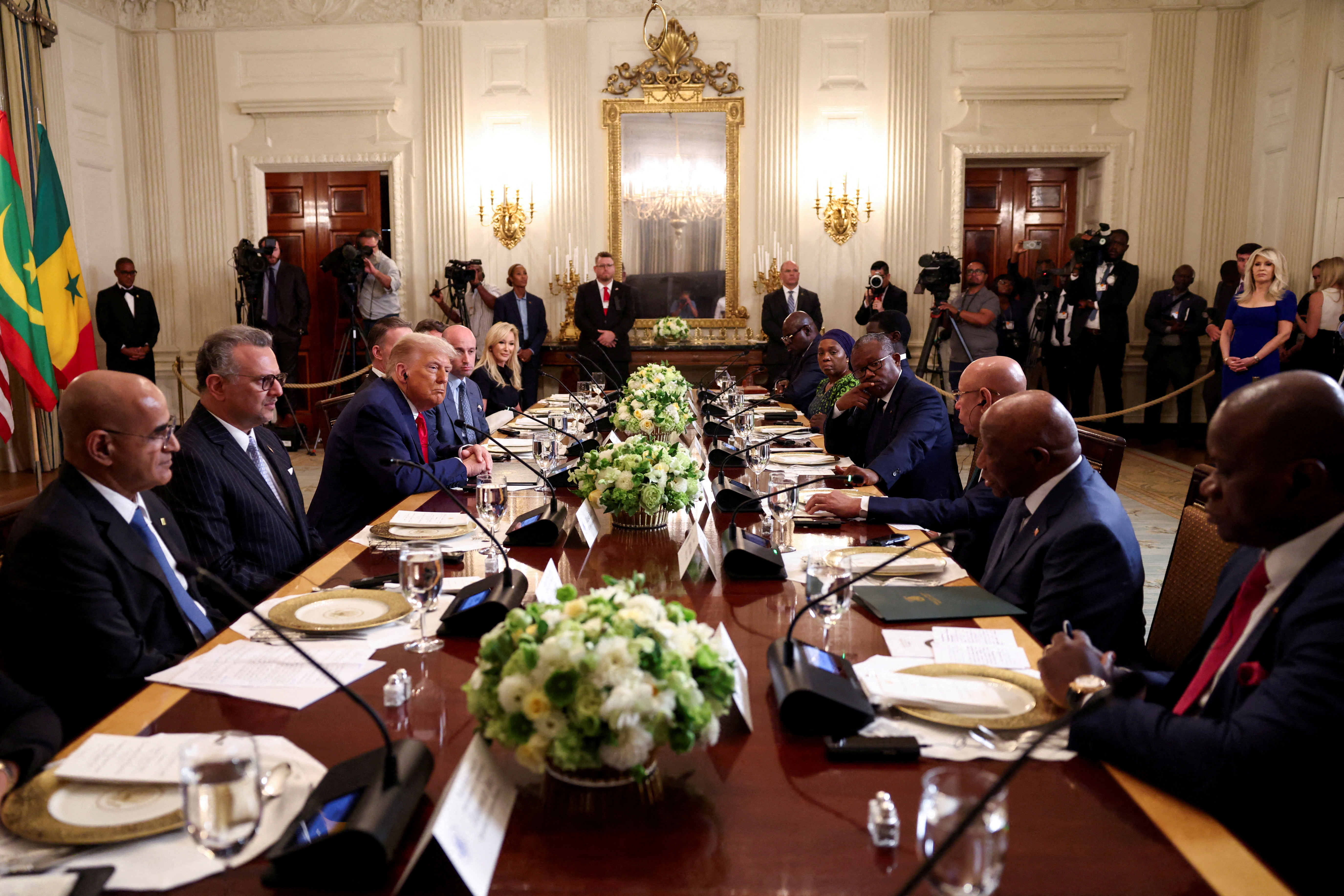Leaders of Senegal, Guinea-Bissau, Mauritania, Liberia and Gabon attend a lunch hosted by US President Donald Trump at the White House in Washington, DC, on July 9, 2025 [Kevin Lamarque/Reuters]