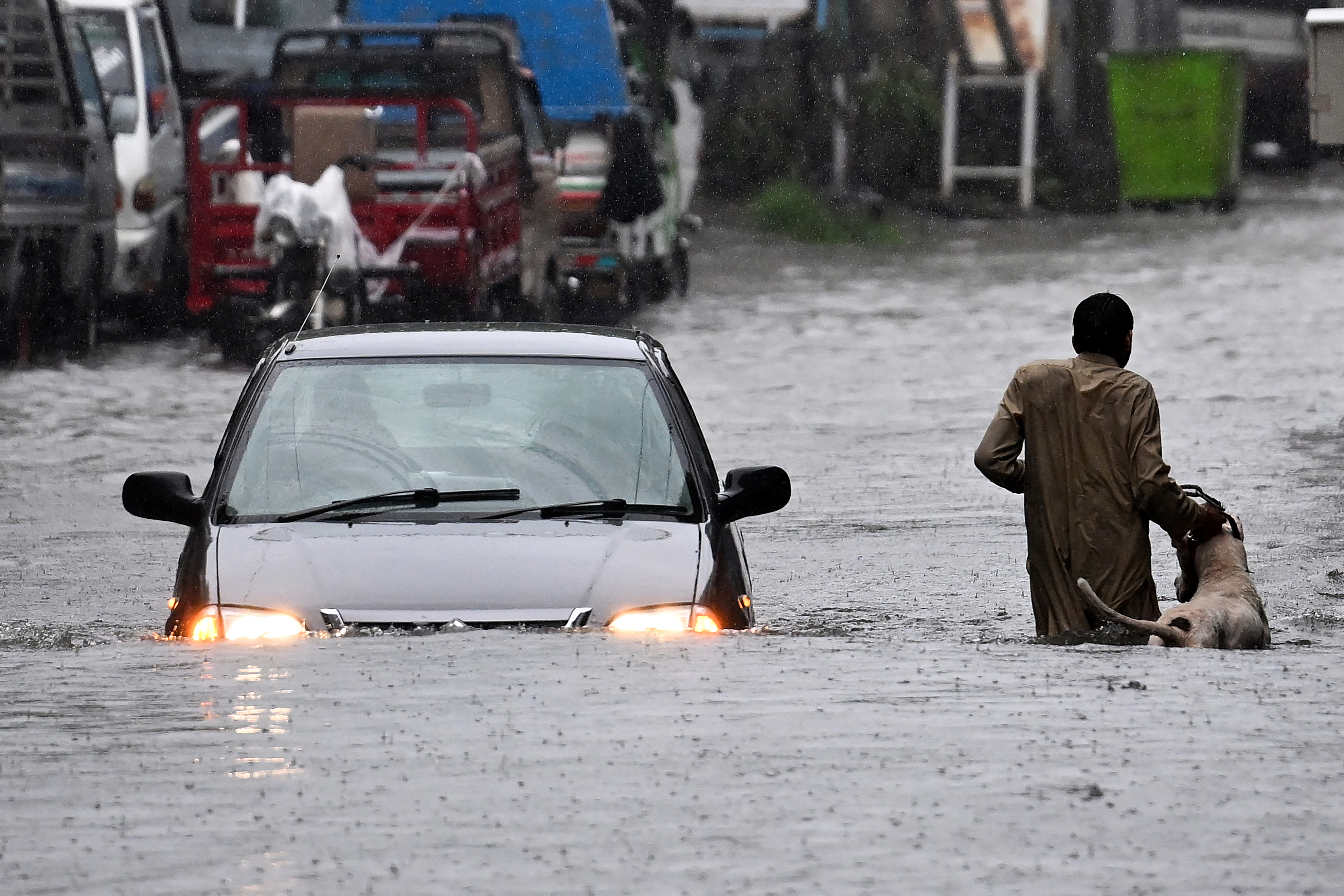 A man, his dog, and a nearby car wade through the water on a flooded street.