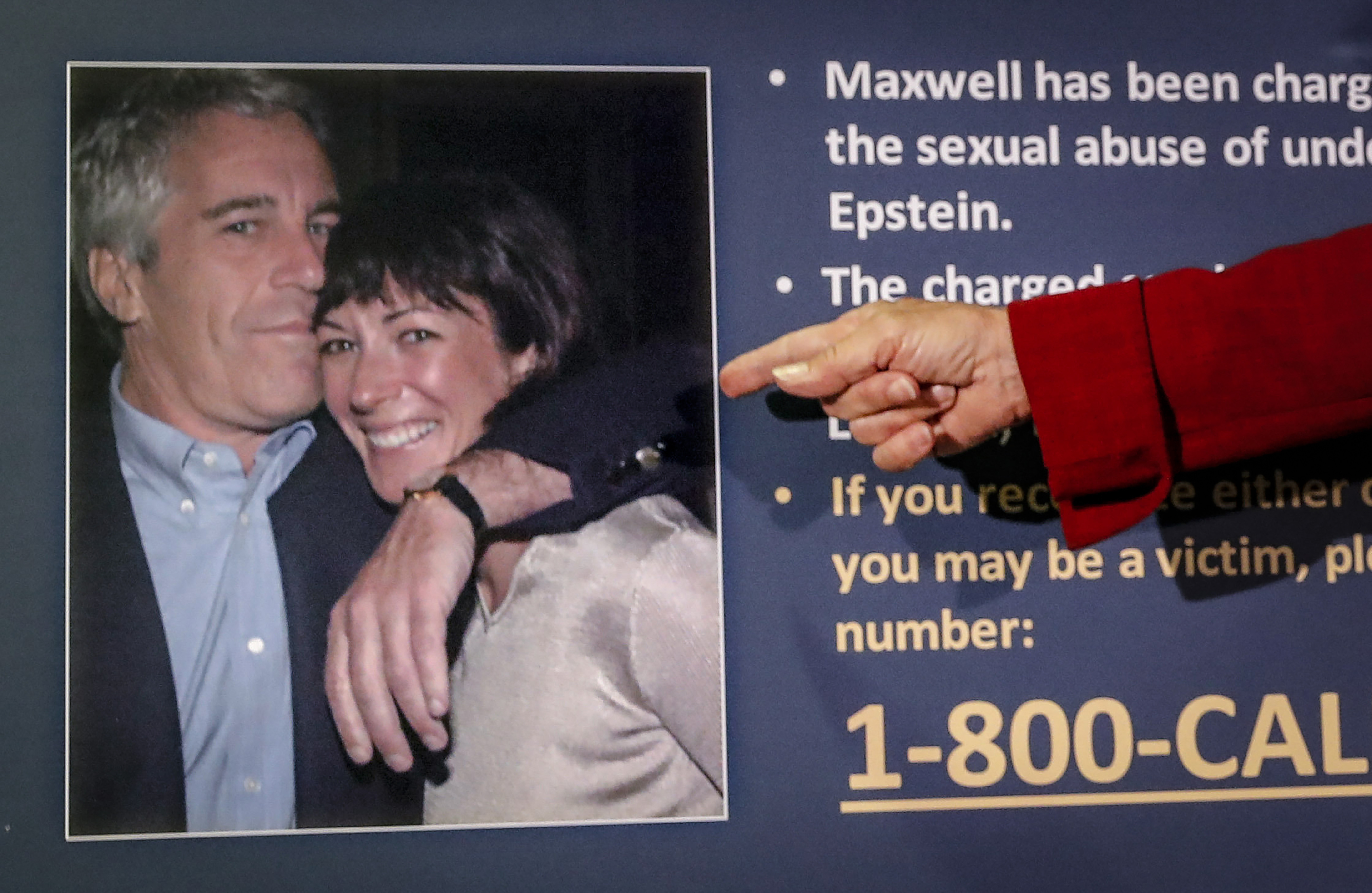 Audrey Strauss points to a photo of Jeffrey Epstein and Ghislaine Maxwell.