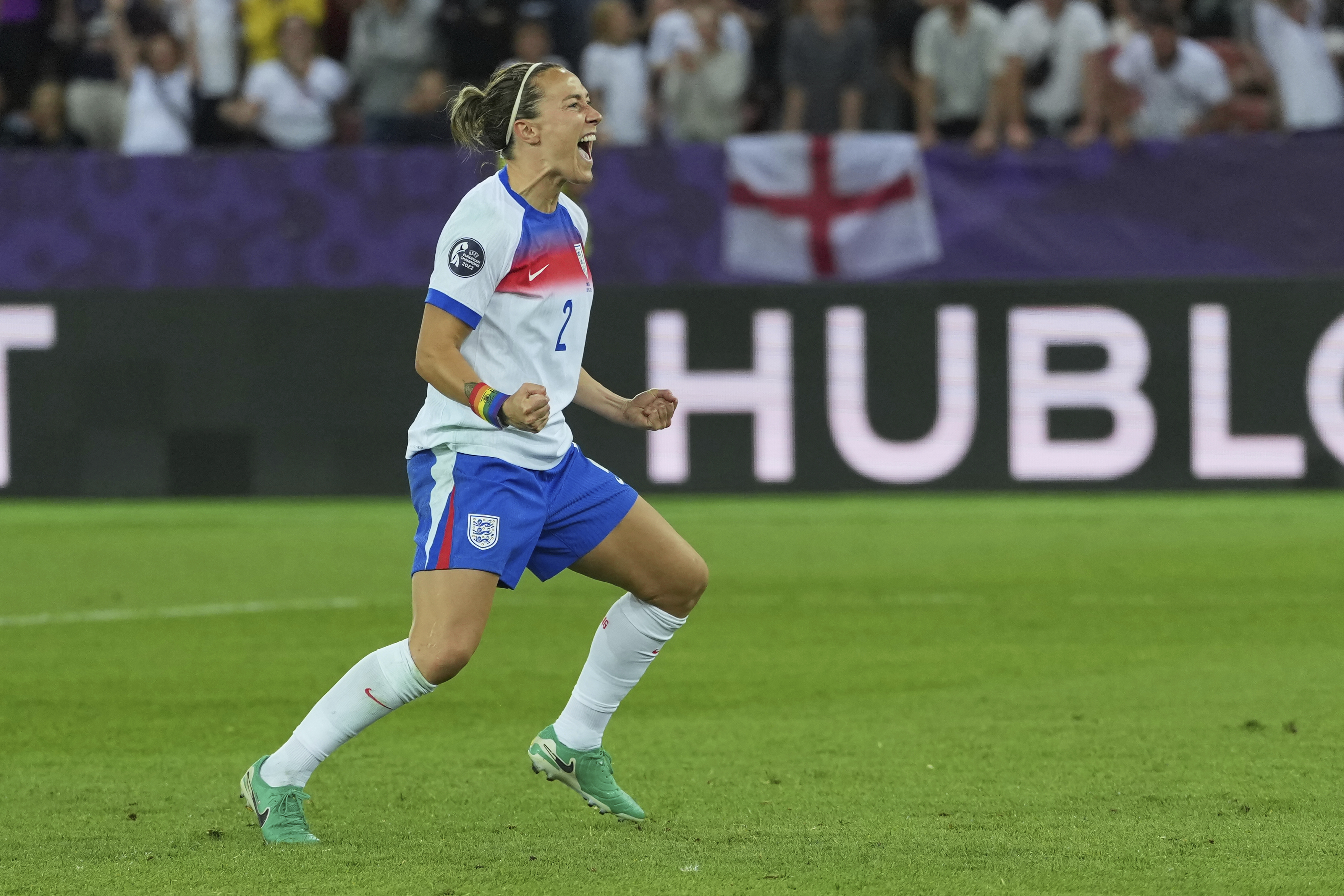 Lucy Bronze celebrates after scoring a penalty in England's 3-2 shootout win over Sweden in the Women's Euro semifinals.