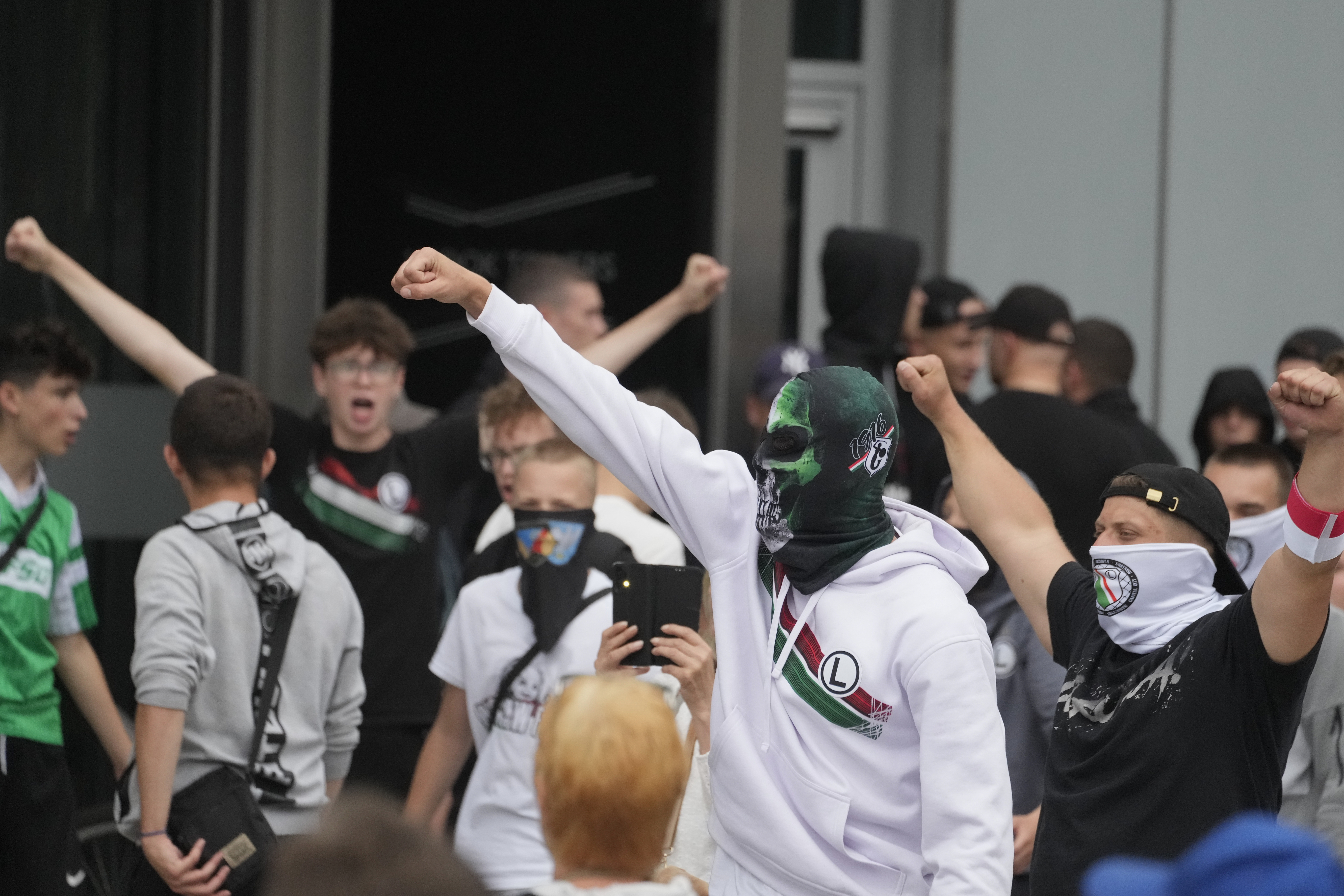 People take part in a demonstration.