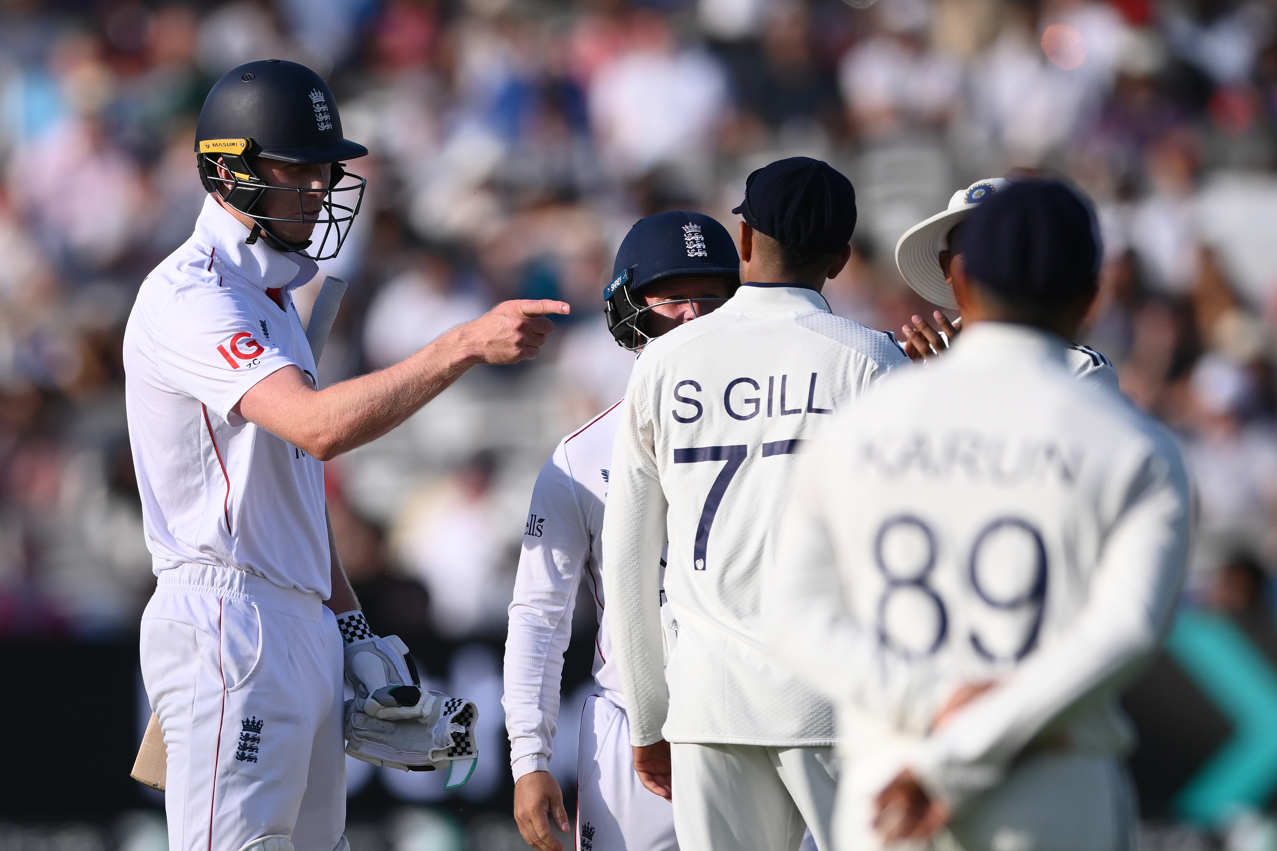 England batsman Zak Crawley and India captain Shubman Gill exchange words