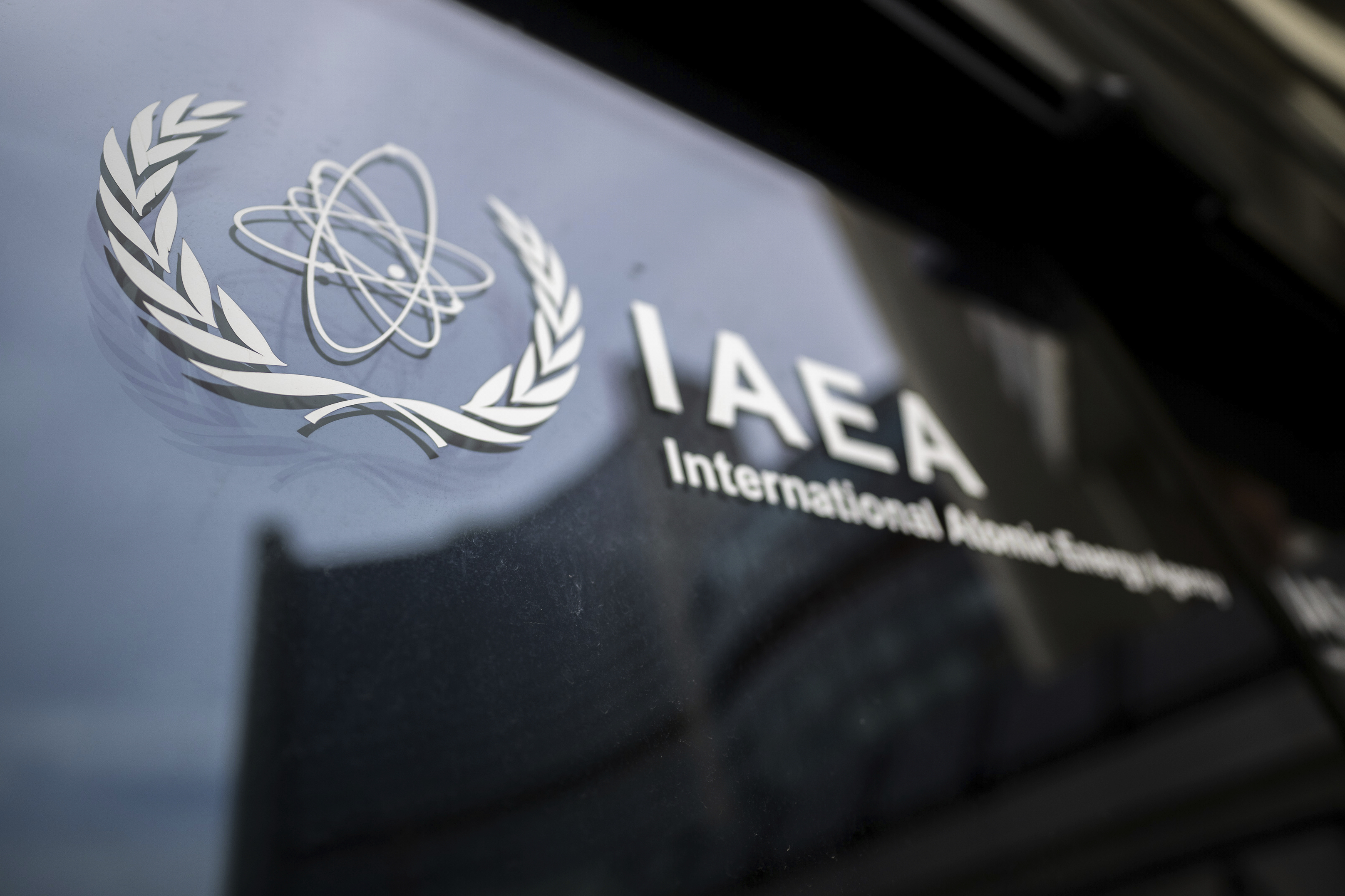 The International Atomic Energy Agency (IAEA) logo at its headquarters in Vienna, Austria.