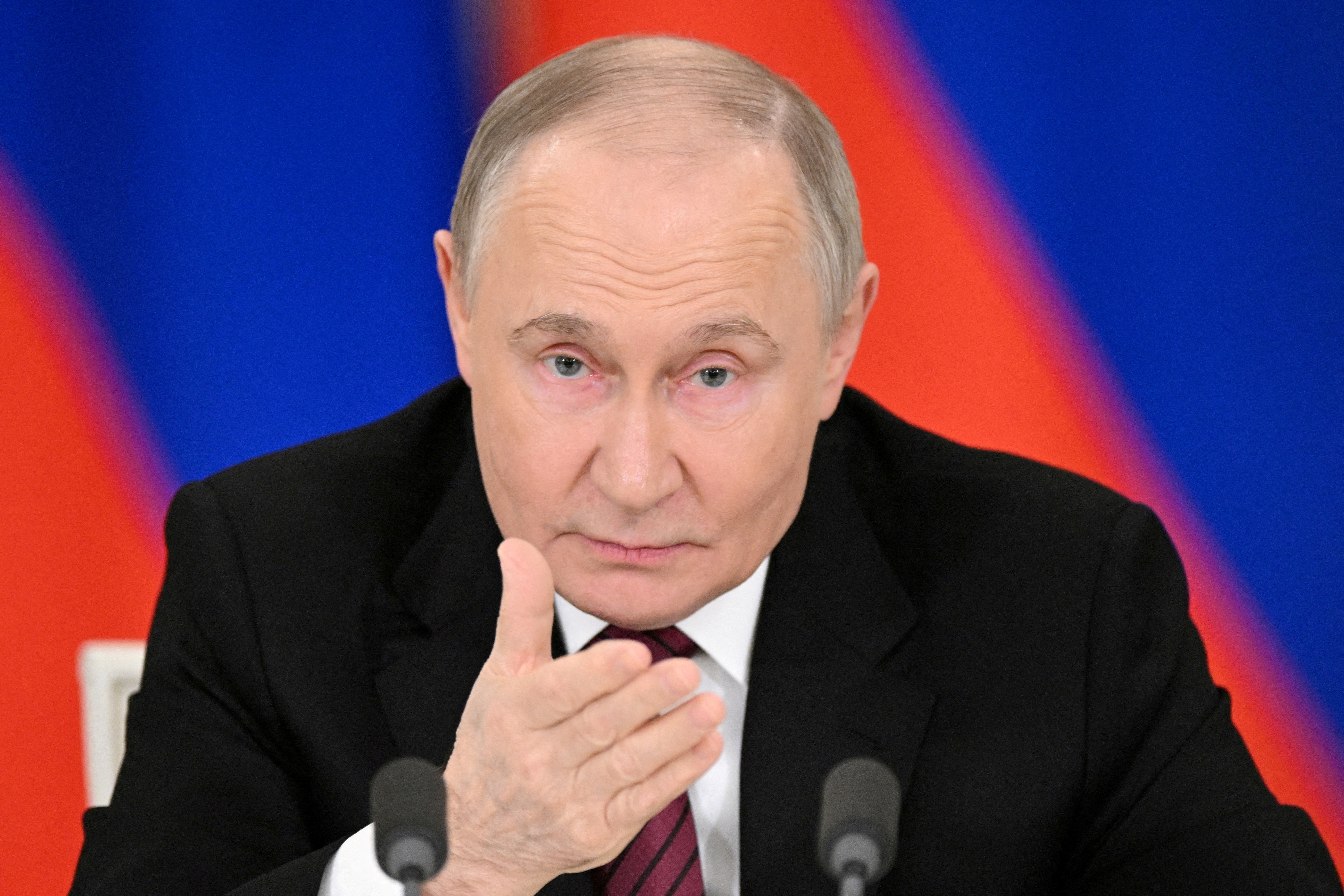 Russian President Vladimir Putin gives a statement to the media.