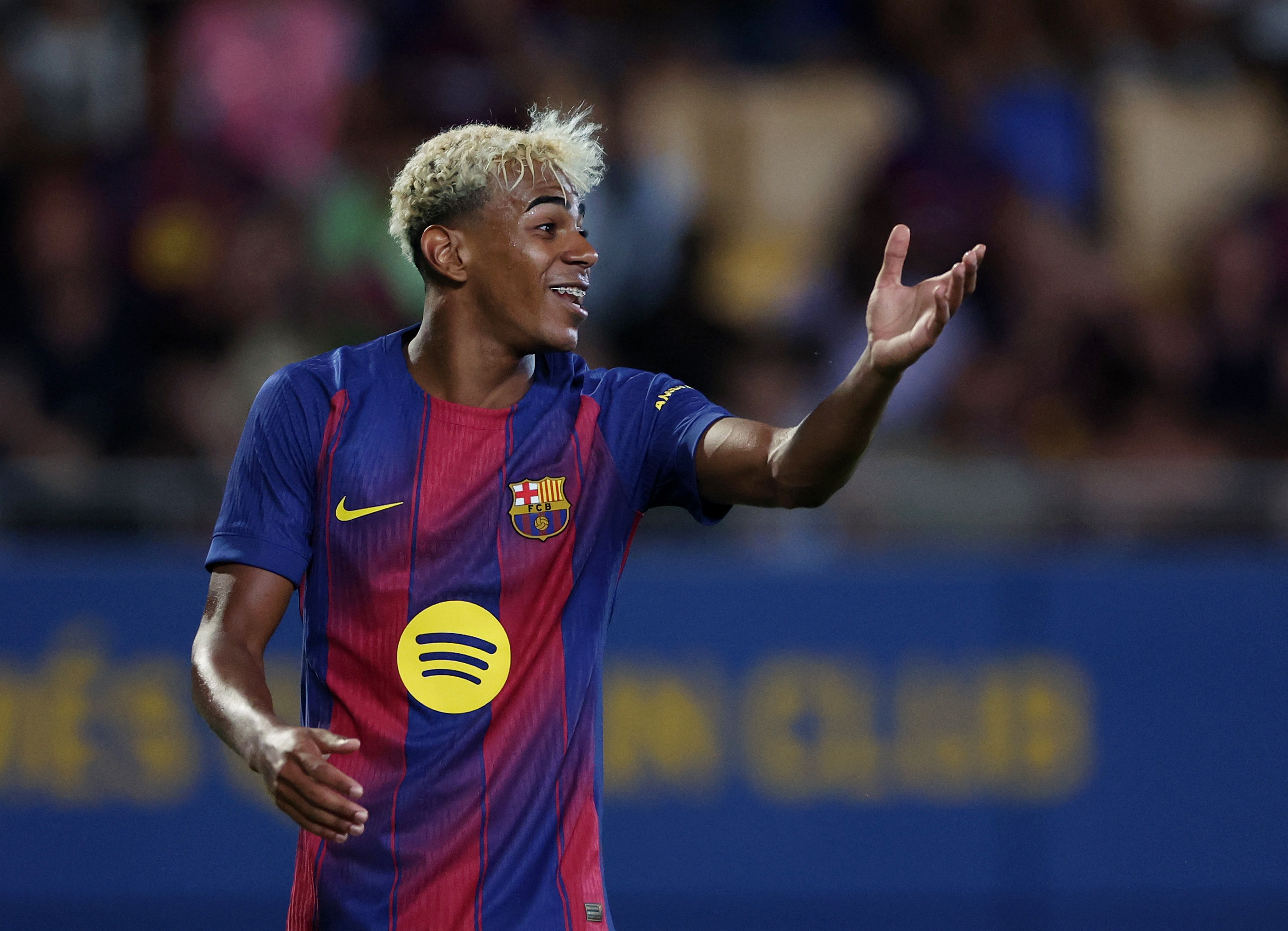 FC Barcelona's Lamine Yamal reacts during a friendly ahead of the new La Liga season