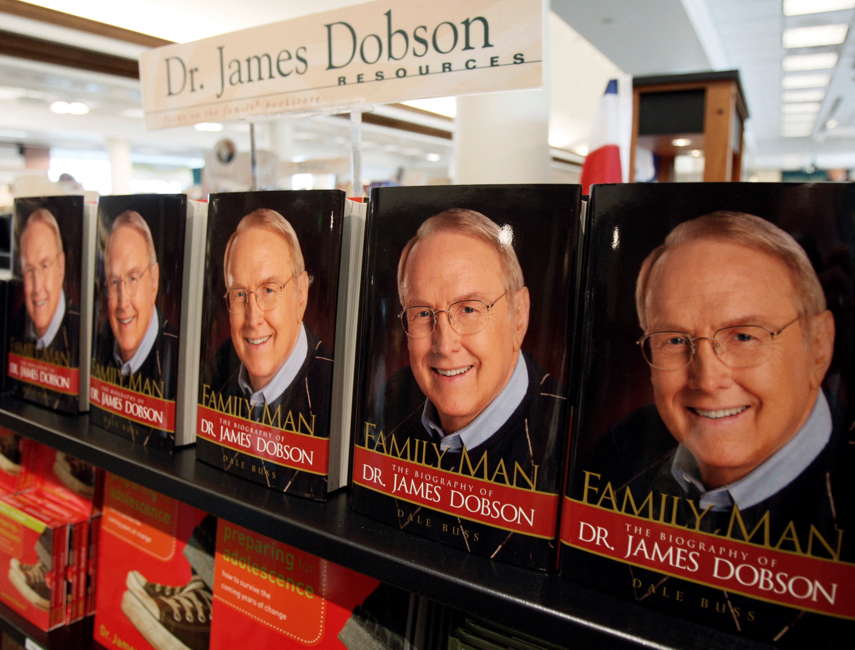 Copies of "Family Man", the biography of Dr James Dobson, founder of Focus on the Family, are seen in the bookstore at the Focus headquarters in Colorado Springs, Colorado. [File: Rick Wilking/Reuters]