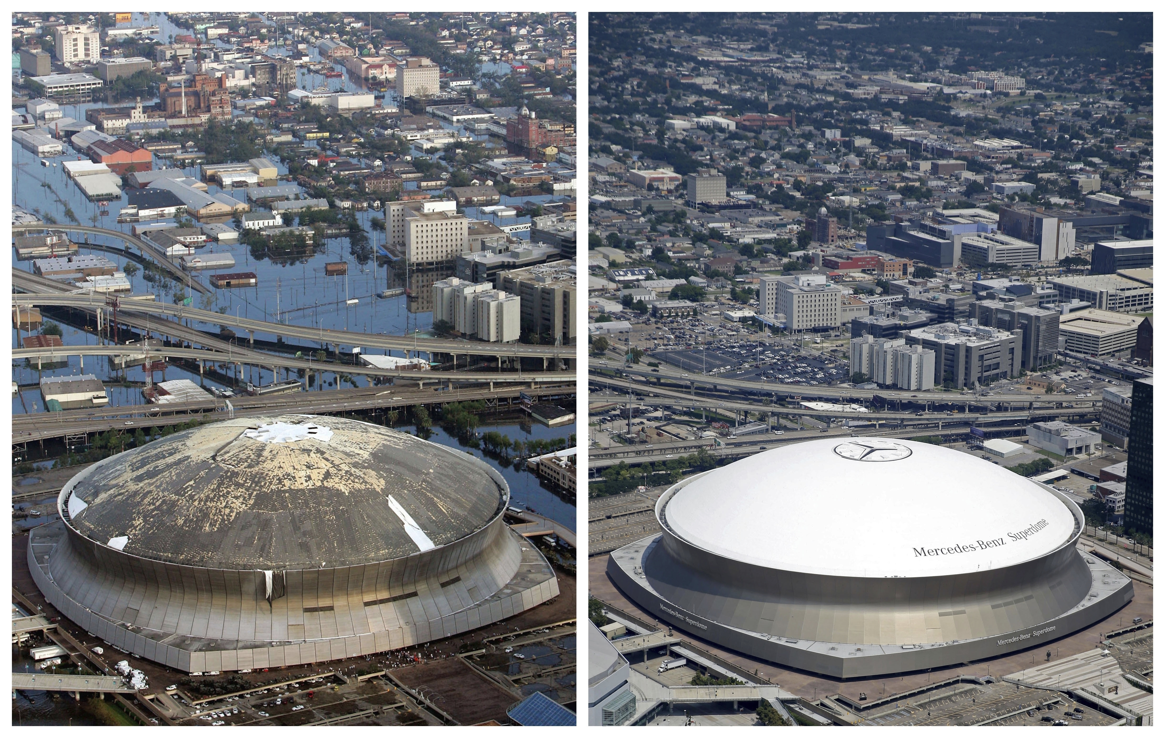FILE - This combination of Aug. 30, 2005, left, and July 29, 2015, aerial photos shows downtown New Orleans and the Superdome flooded by Hurricane Katrina, left, and the same area a decade later. (AP Photo/David J. Phillip, left, and Gerald Herbert, File)