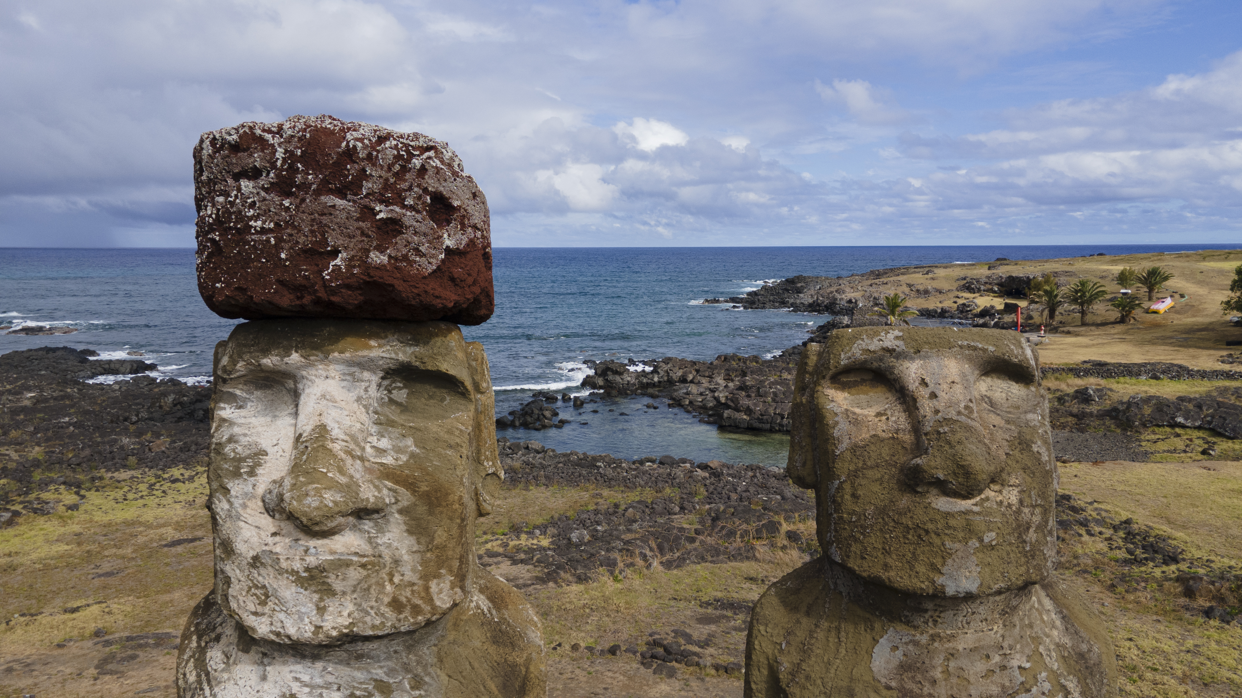 Moai statues stand on Ahu Tongariki, Rapa Nui, or Easter Island, Chile on November 27, 2022.