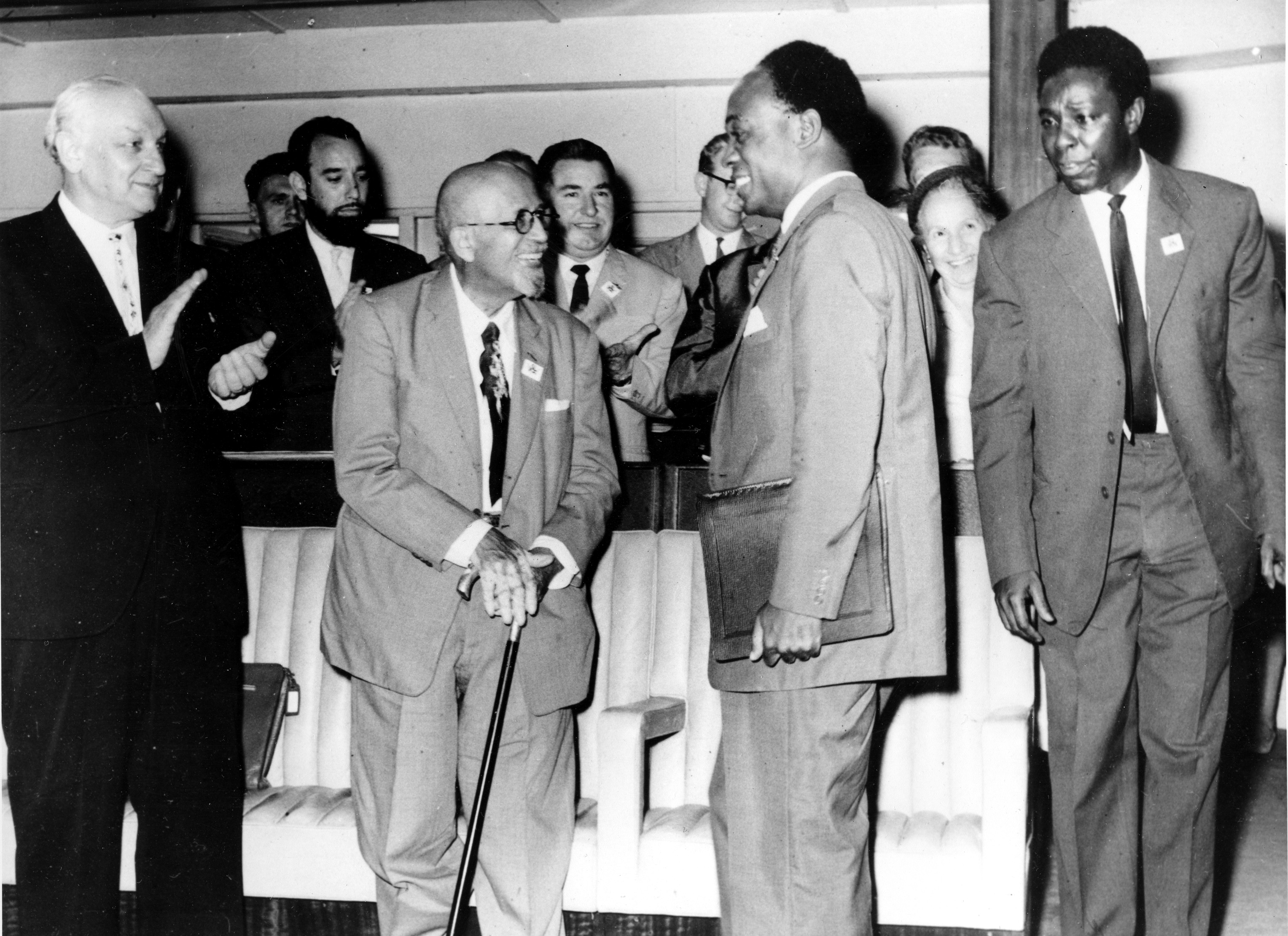 President of Ghana, Dr. Kwame Nkrumah, second from right, talks with 93-year-old American scholar Dr. W.E.B. Du Bois shortly before opening the World Peace Conference in Accra, Ghana, June 21, 1962. 
