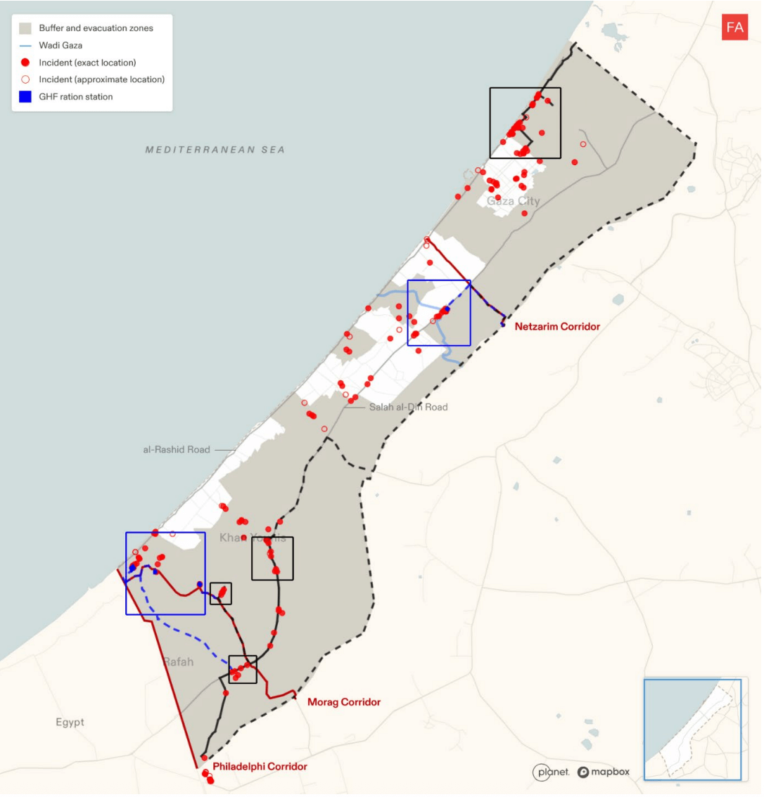 Infrastructure for the civilian model (black) and the military model (blue) with all geolocated incidents related to aid (red dots) [Forensic Architecture]