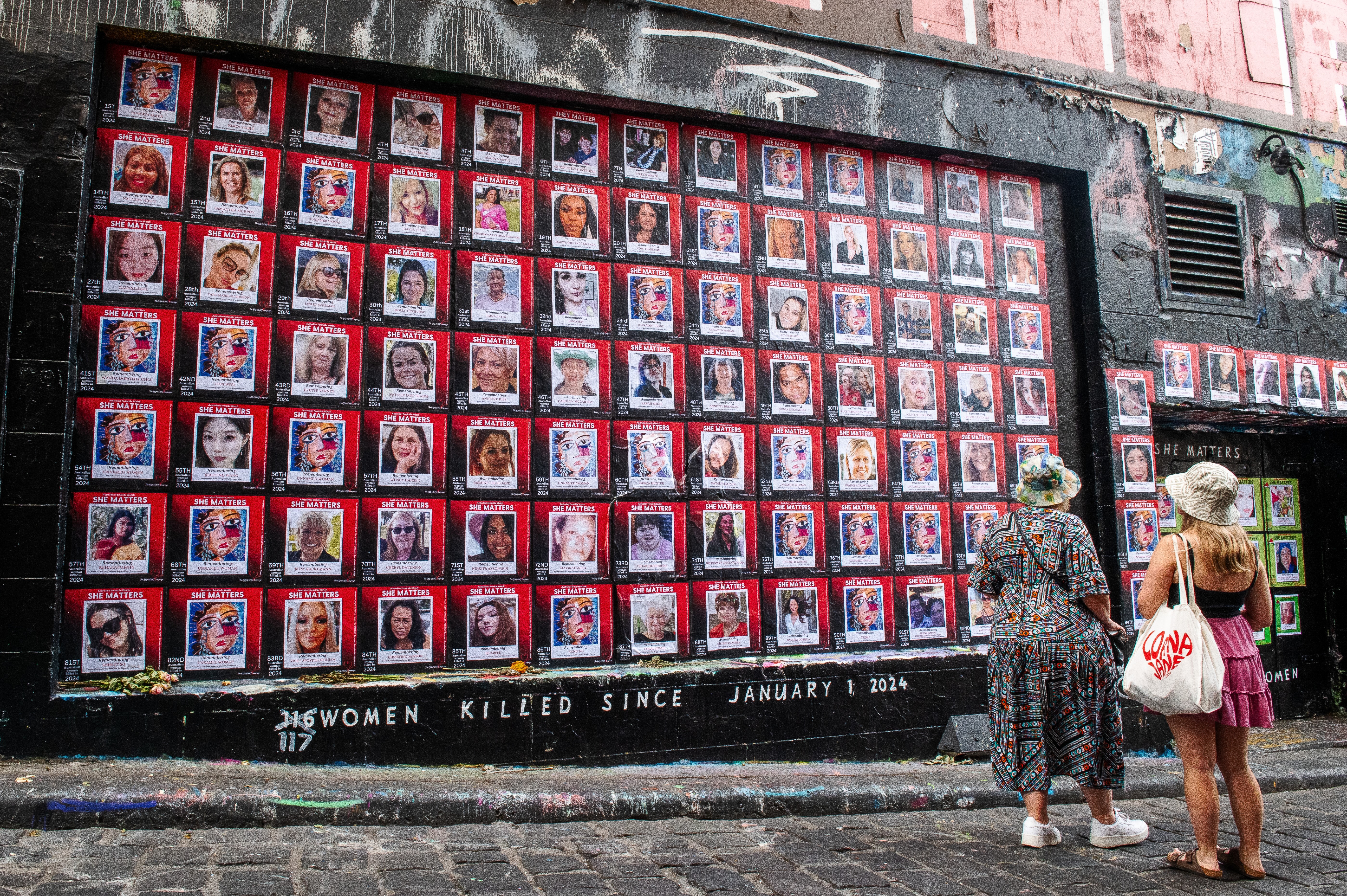 Mural in Hosi er Lane, Melbourne, depicting women killed in femicide attacks in Australia since January 1, 2024. The posters were vandalised with the words ‘war on men’ soon after it was installed.