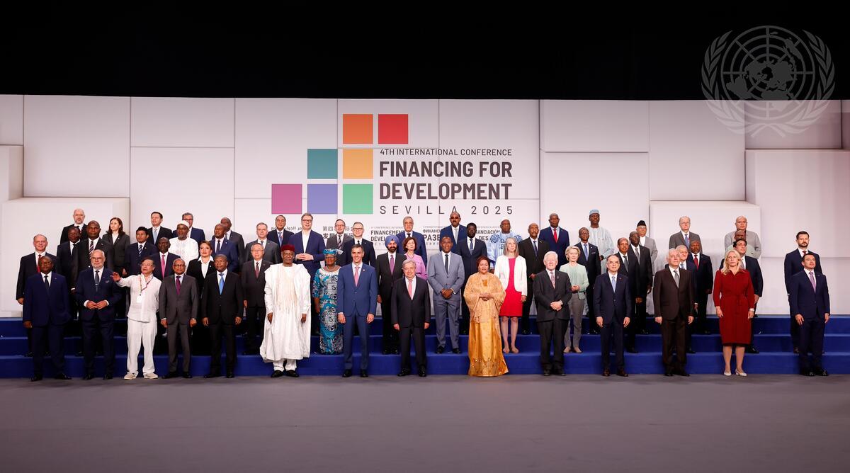 Leaders and delegates pose for a group photo at the 4th International Conference on Financing for Development in Seville, Spain, 2025. The United States delegation was notably absent following its withdrawal from negotiations. [UN Photo/Chema Moya]