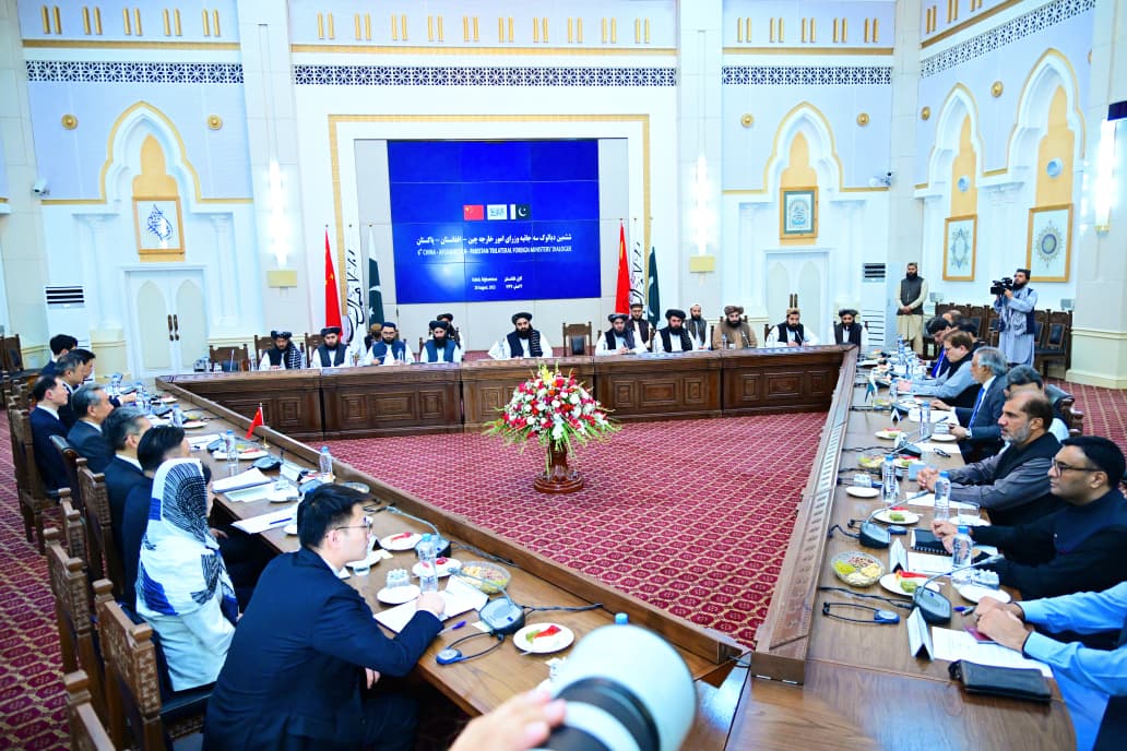 The trilateral meet in Kabul was sixth iteration of the forum, with last formal meeting taking place in May 2023. [Wang Yi, Amir Khan Muttaqi and Ishaq Dar met in Kabul on August 20 for the trilateral dialogue among foreign ministers of China, Afghanistan and Pakistan. [Handout/Pakistan's Ministry of Foreign Affairs]