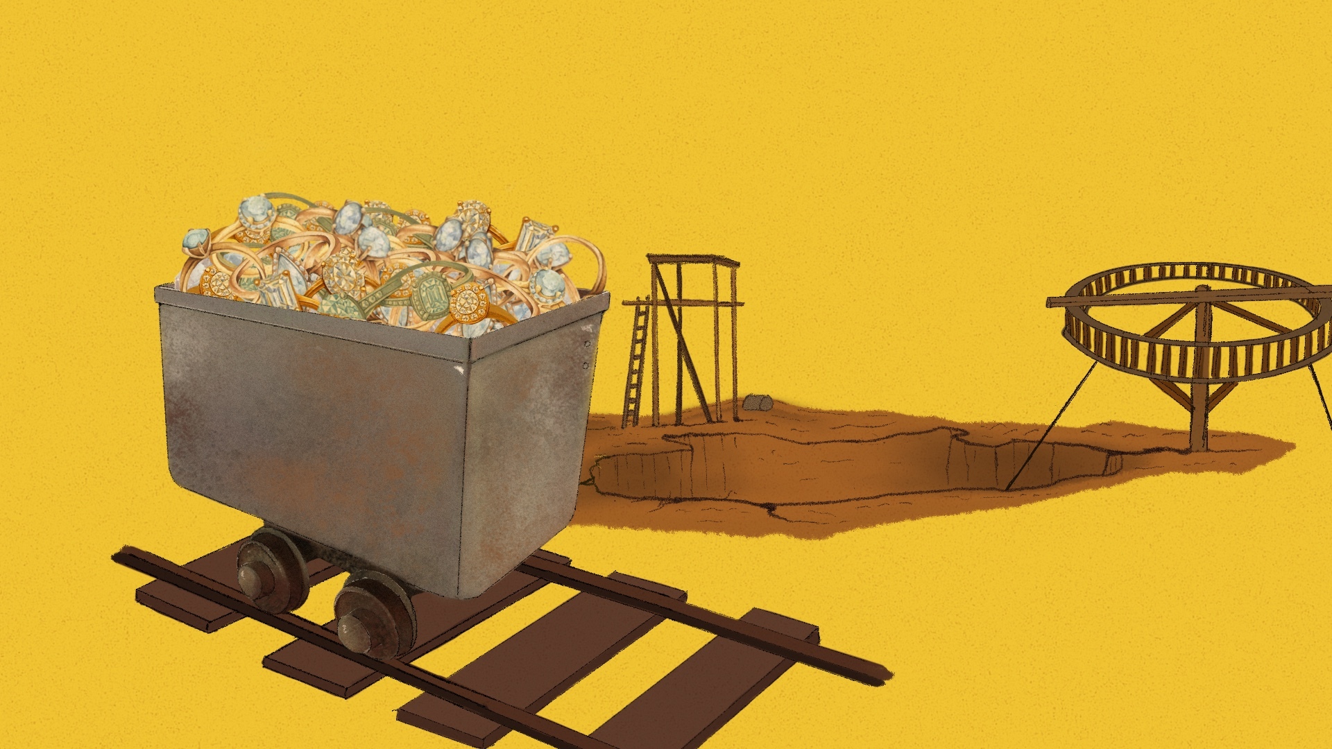 An illustration of an open mine and a crate of diamond rings