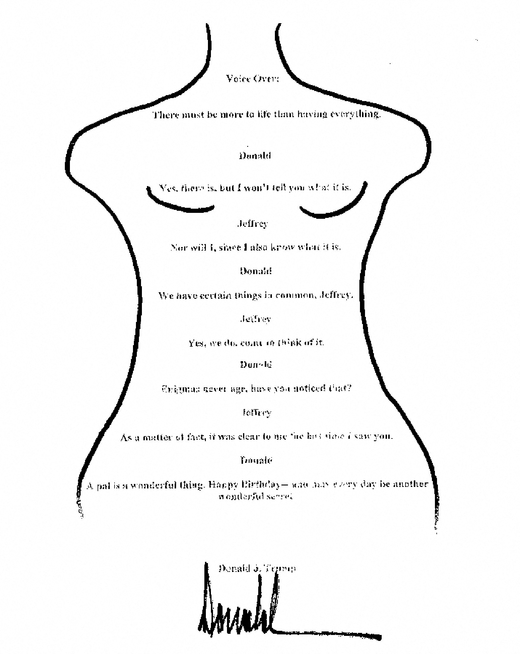 A birthday letter that U.S. President Donald Trump allegedly wrote to sex offender Jeffrey Epstein more than 20 years ago is seen as presented by the Democrats in the U.S. House of Representatives on their X account September 8, 2025. The letter, the existence of which was reported by the Wall Street Journal in July, appears to have been signed by Trump, but he has denied doing so and has said the card does not exist, and the White House has denied its authenticity. Democrats on the House Oversight Committee/Handout via REUTERS NO RESALES. NO ARCHIVES. THIS IMAGE HAS BEEN SUPPLIED BY A THIRD PARTY