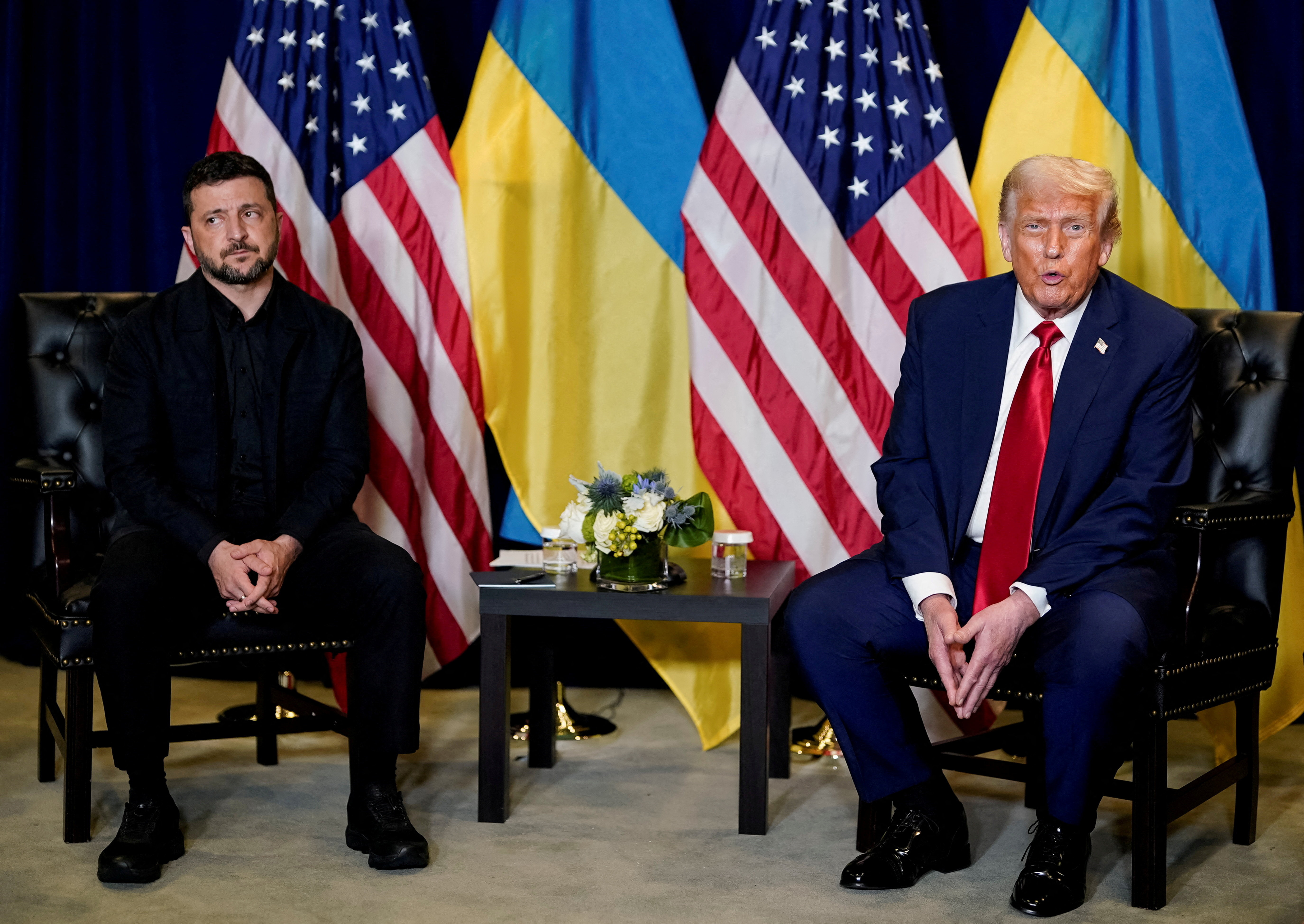 FILE PHOTO: U.S. President Donald Trump meets with Ukrainian President Volodymyr Zelenskiy during the 80th United Nations General Assembly, in New York City, New York, U.S., September 23, 2025. REUTERS/Al Drago TPX IMAGES OF THE DAY/File Photo