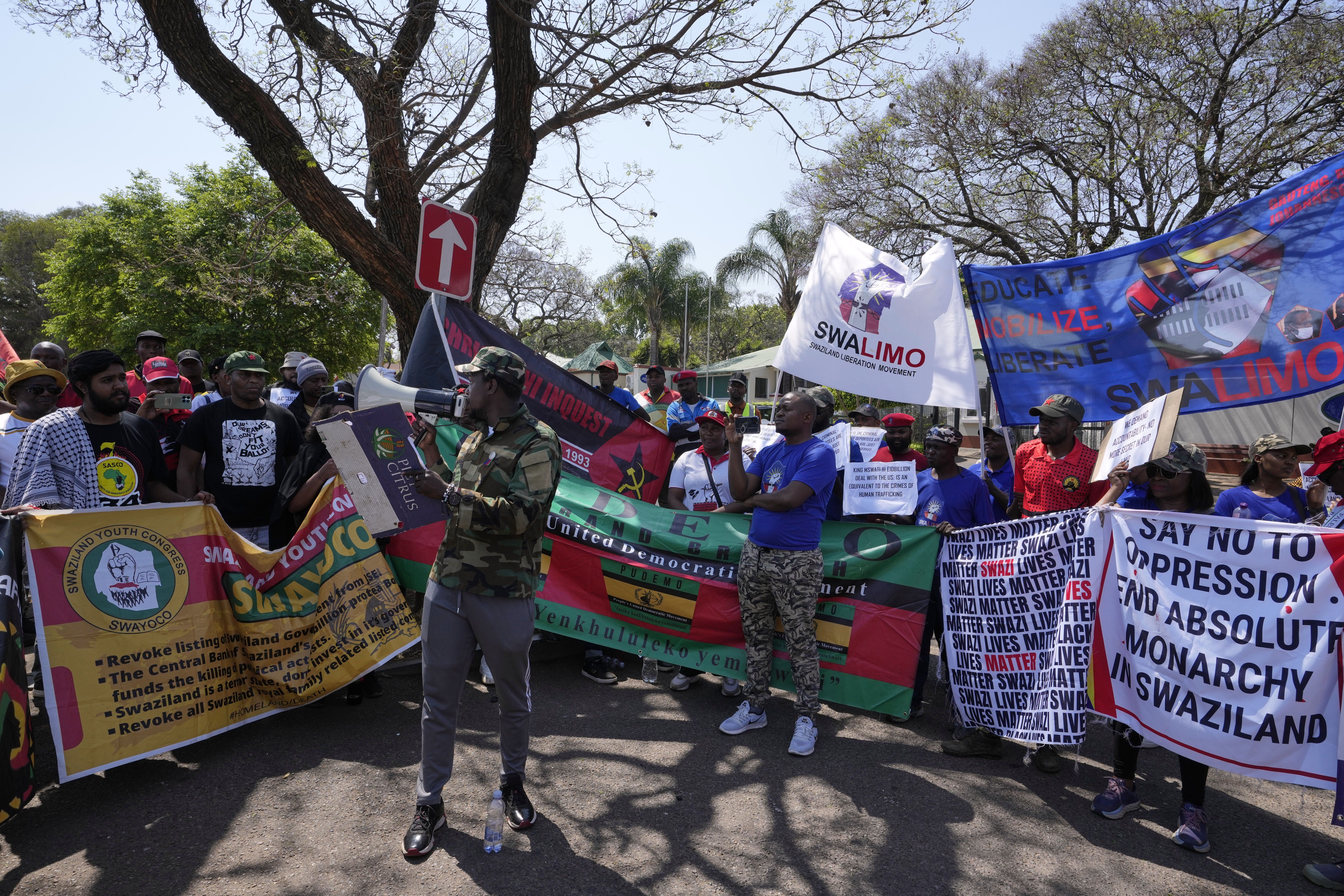 A leader of Eswatini's pro-democracy activists speaks during their protest outside the US Embassy in Pretoria, South Africa, Friday, September 19, 2025 [Themba Hadebe/AP Photo]