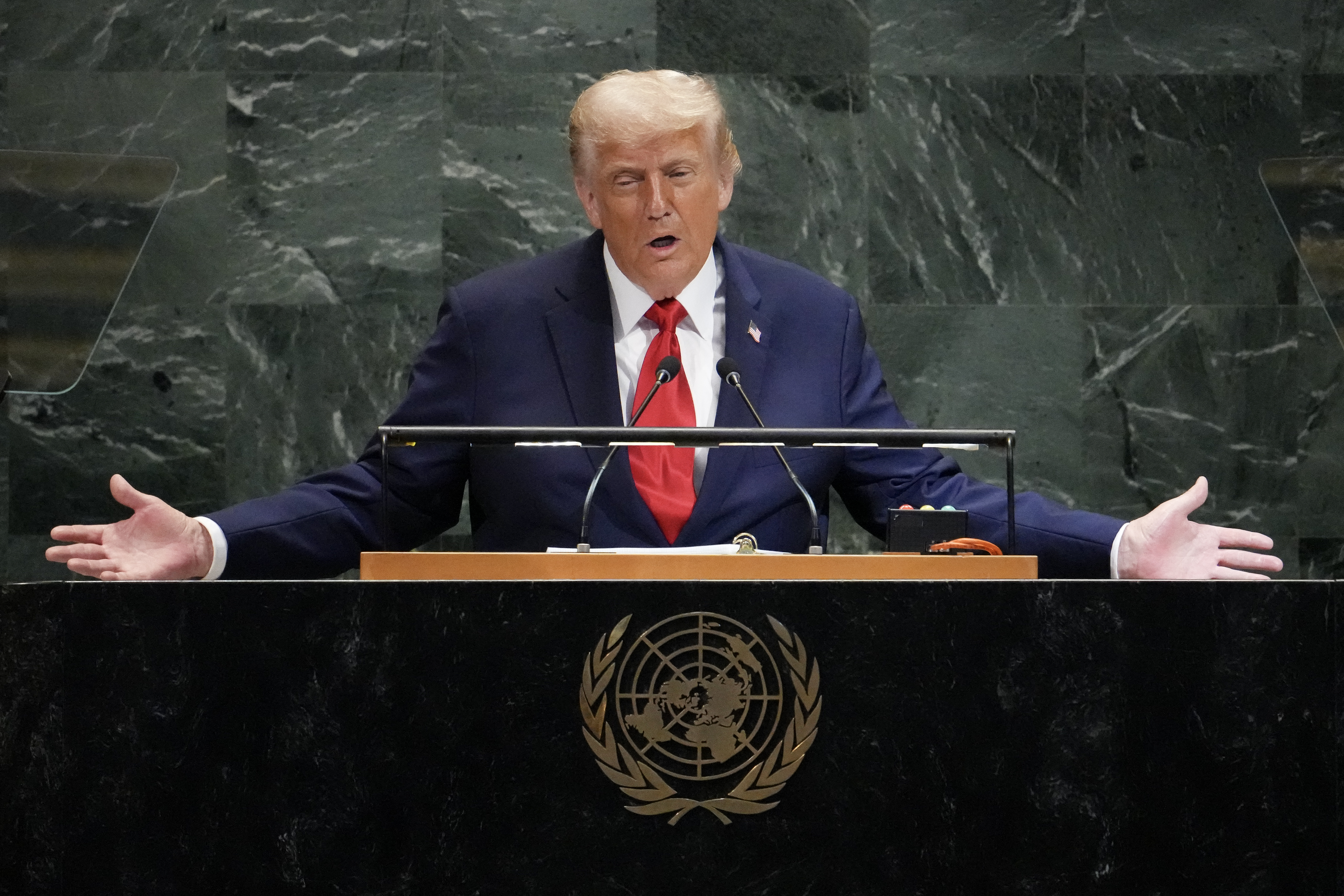 US President Donald Trump delivers remarks to the United Nations General Assembly at the UN headquarters in New York City on September 23, 2025. (Photo by TIMOTHY A. CLARY / AFP)