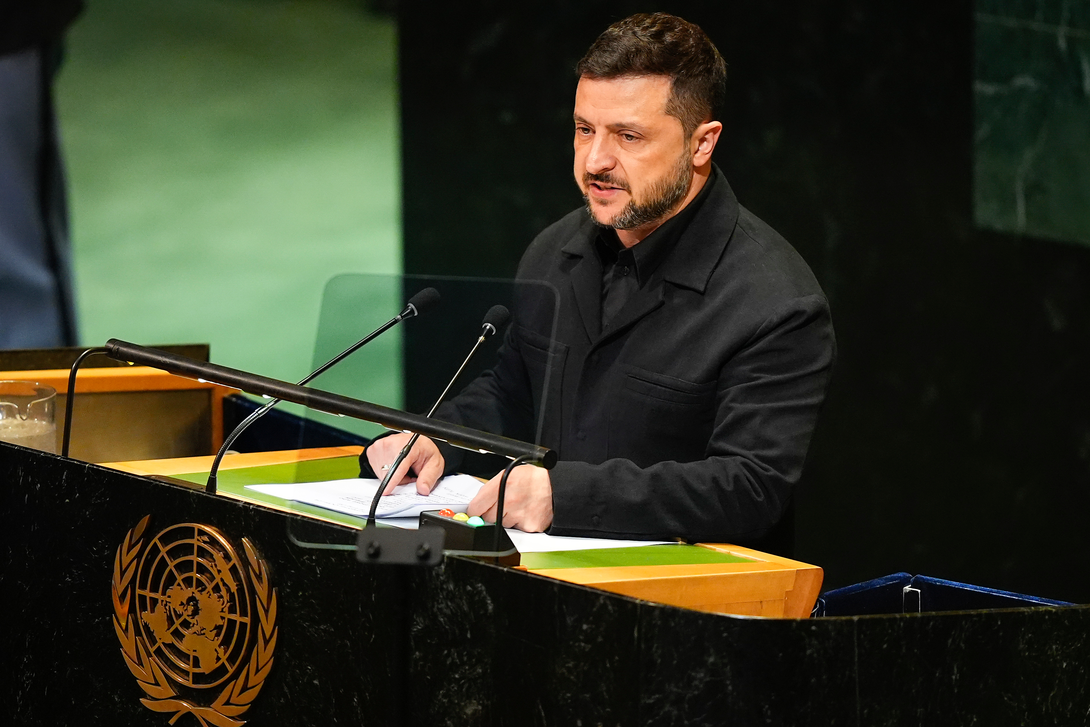 Ukrainę President Volodymyr Zelenskyy speaks during the 80th session of the United Nations General Assembly, Wednesday, Sept. 24, 2025, at U.N. headquarters. (AP Photo/Yuki Iwamura)