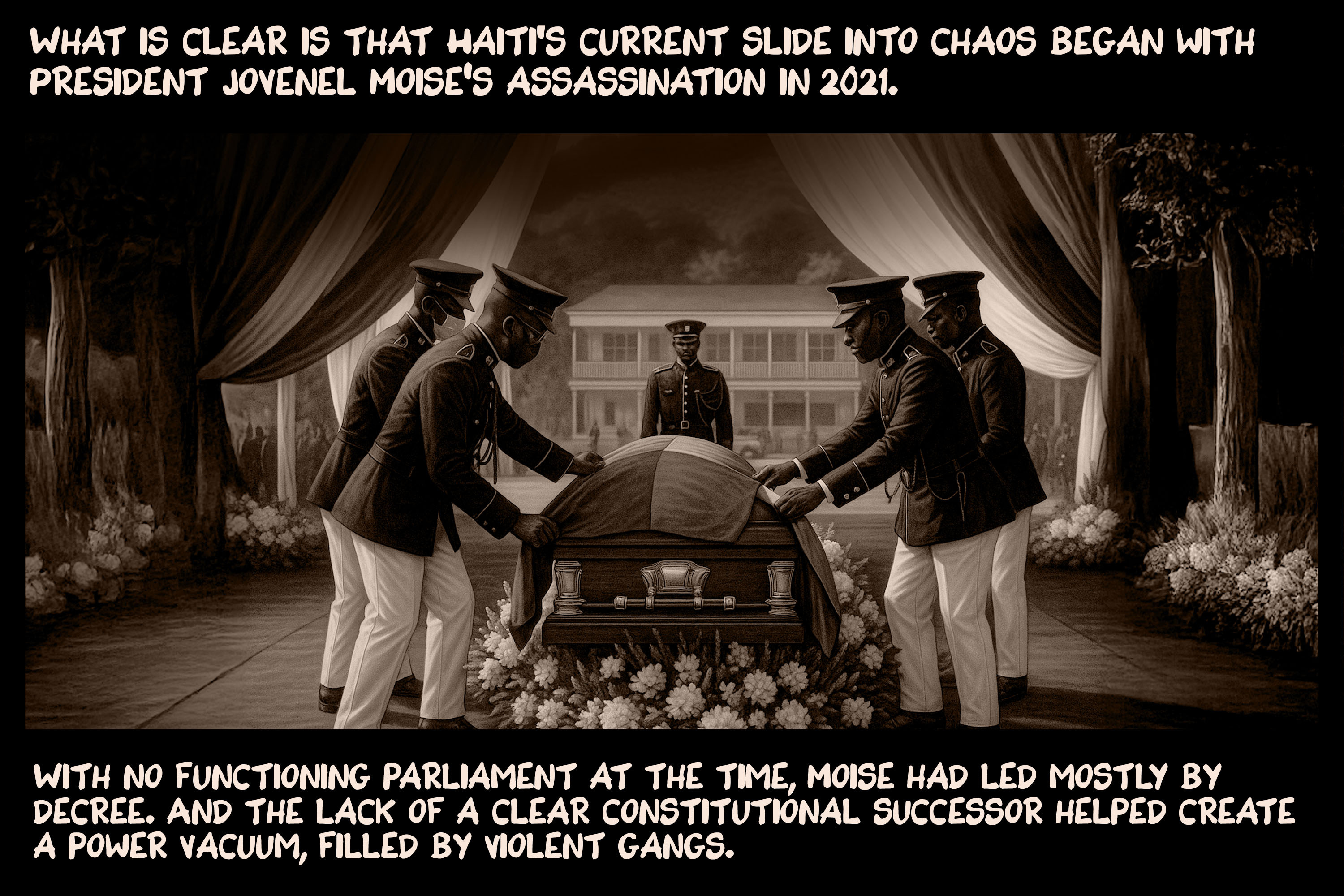 What is clear is that Haiti’s current slide into chaos began with President Jovenel Moise’s assassination in 2021. With no functioning parliament at the time, Moise had led mostly by decree. And the lack of a clear constitutional successor helped create a power vacuum, filled by violent gangs.