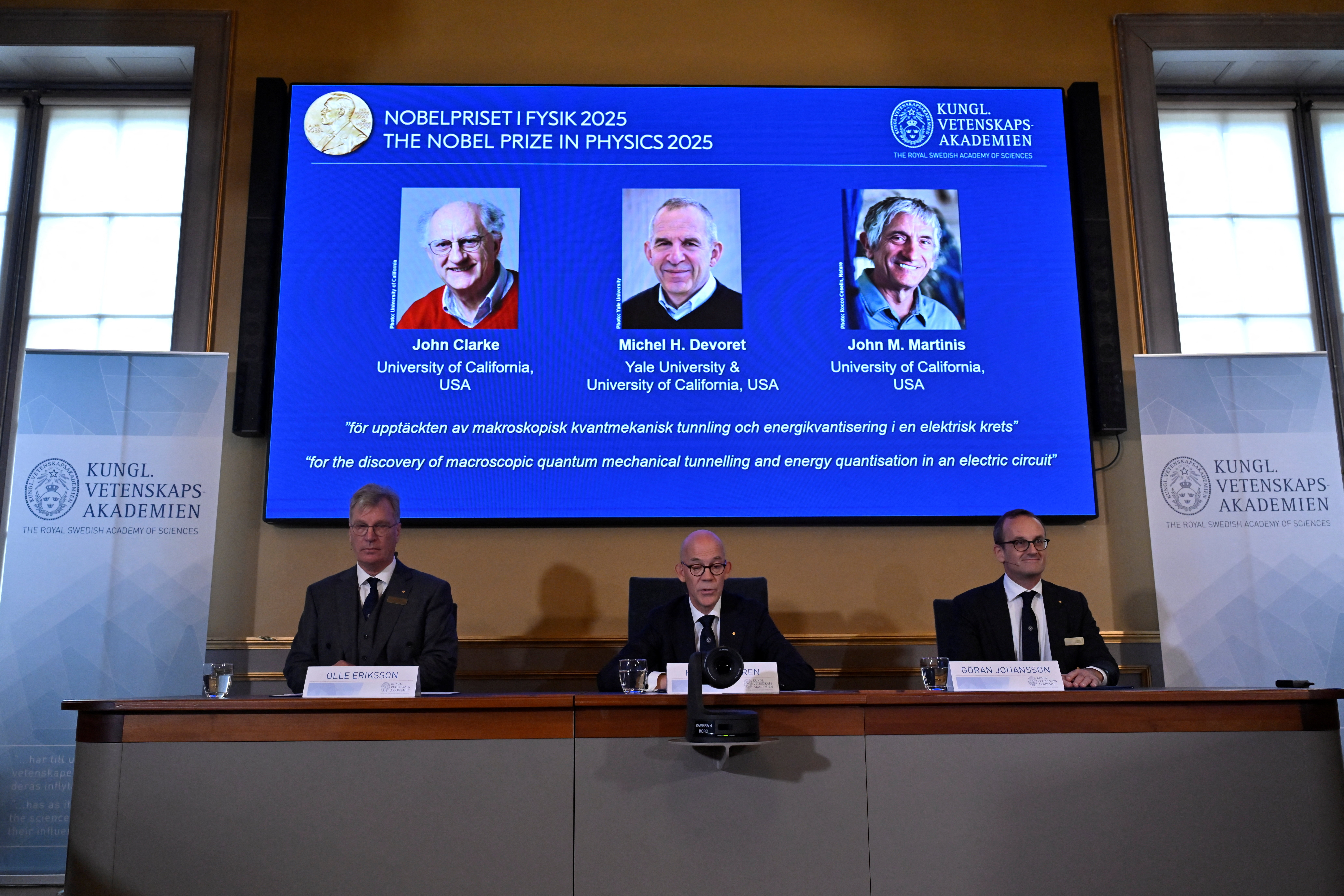 John Clarke, Michel H Devoret and John M Martinis are announced this year's Nobel Prize winners in Physics, at a news conference.