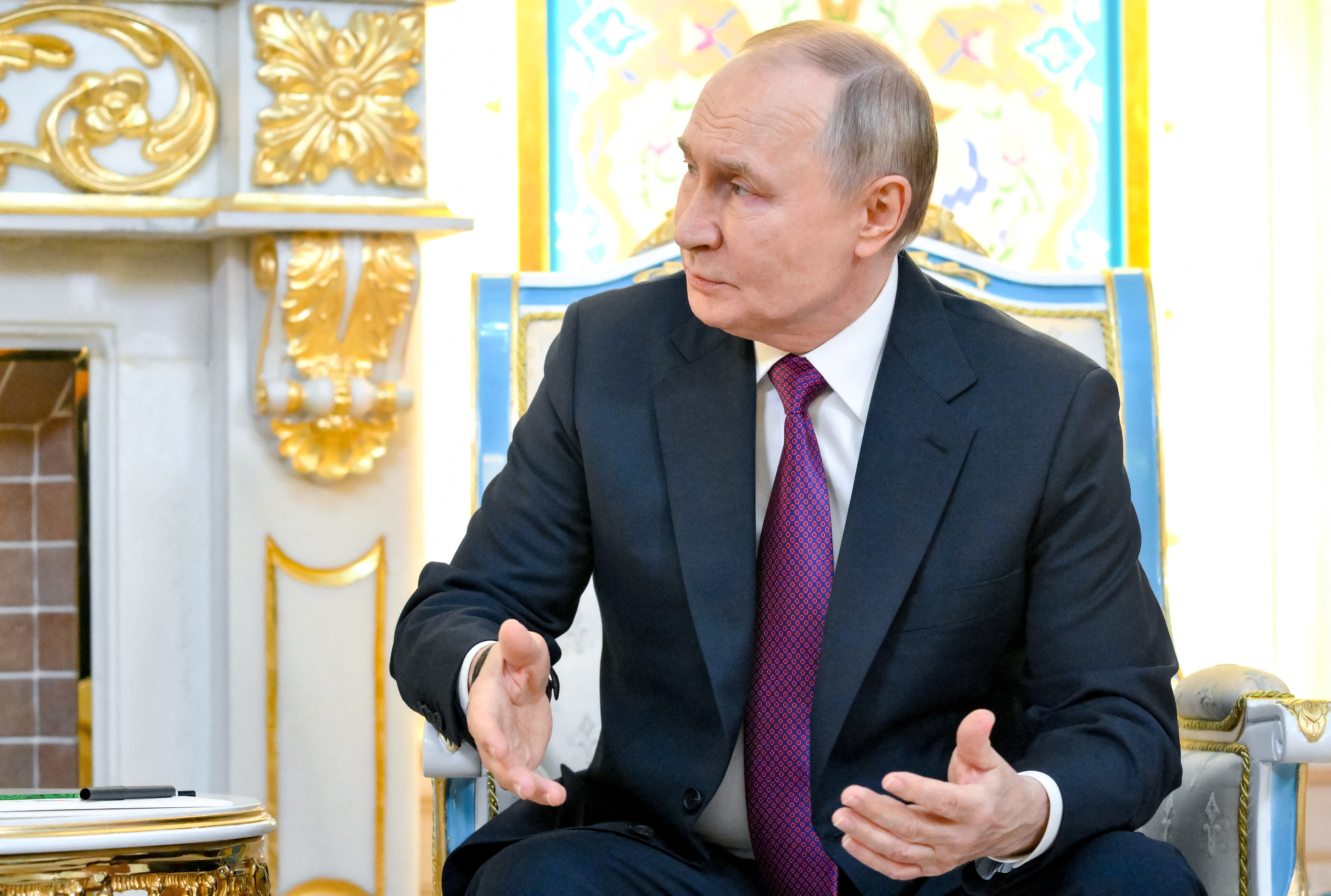 Russian President Vladimir Putin attends a meeting with Azerbaijani President Ilham Aliyev in Dushanbe, Tajikistan October 9, 2025. Sputnik/Grigory Sysoev/Pool via REUTERS ATTENTION EDITORS - THIS IMAGE WAS PROVIDED BY A THIRD PARTY.