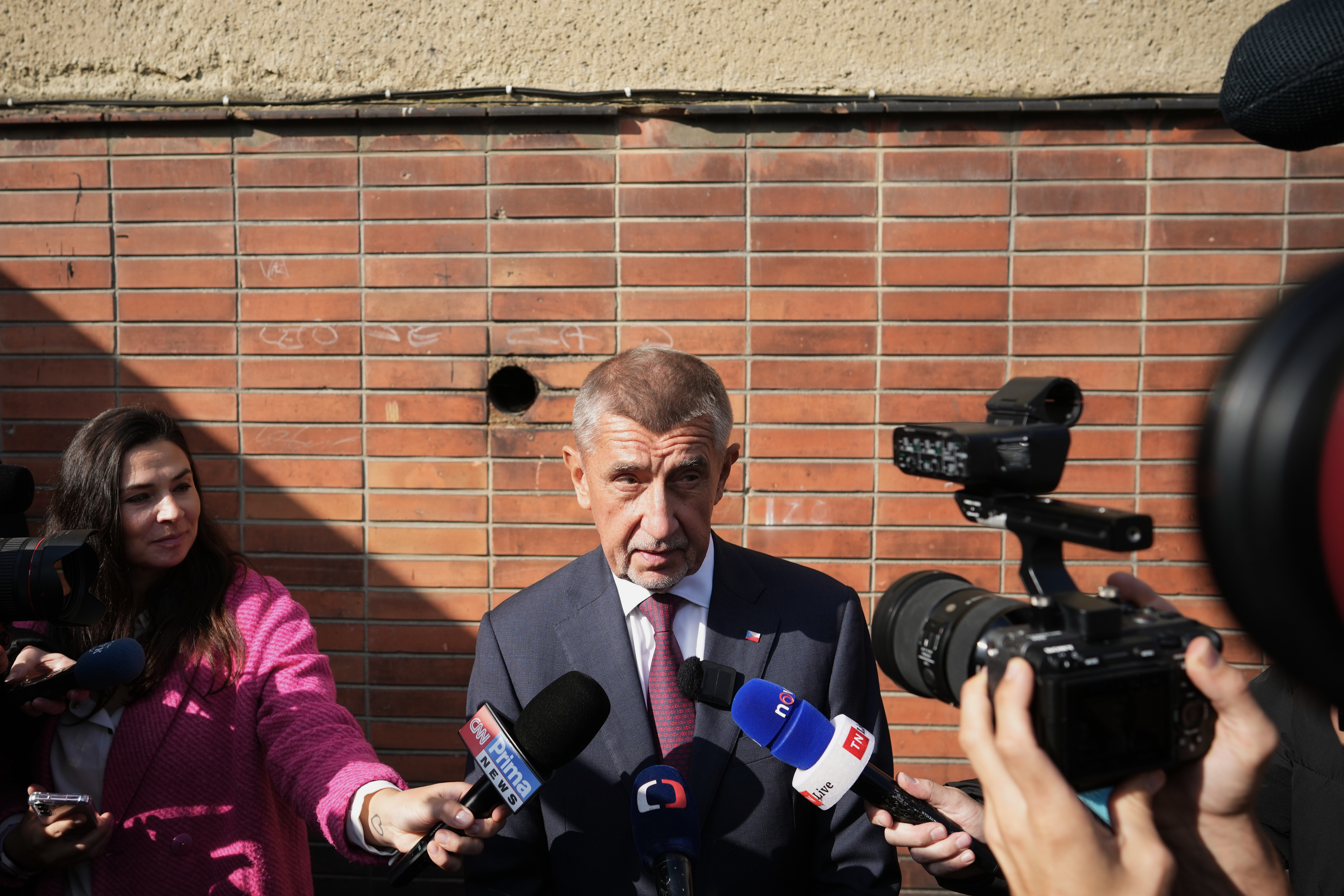 Chairman of opposition "ANO" (YES) movement Andrej Babis speaks to the media after casting his ballot for a general election at a polling station in Ostrava, Czech Republic, Friday, Oct. 3, 2025. 