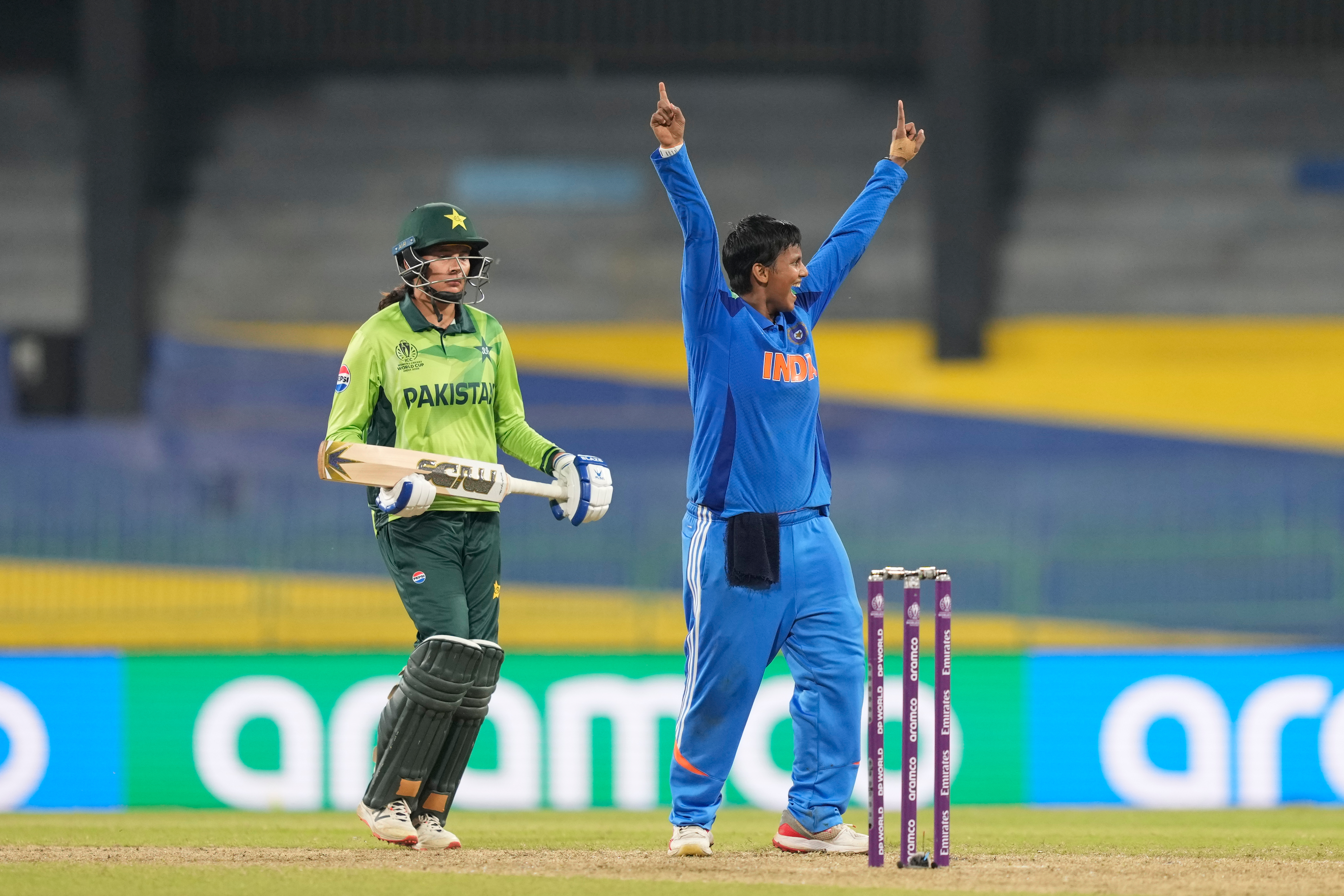 India's Deepti Sharma celebrates her team's win in the ICC Women's Cricket World Cup match between India and Pakistan at Premadasa Stadium in Colombo, Sri Lanka, Sunday, Oct, 5, 2025. (AP Photo/Eranga Jayawardena)