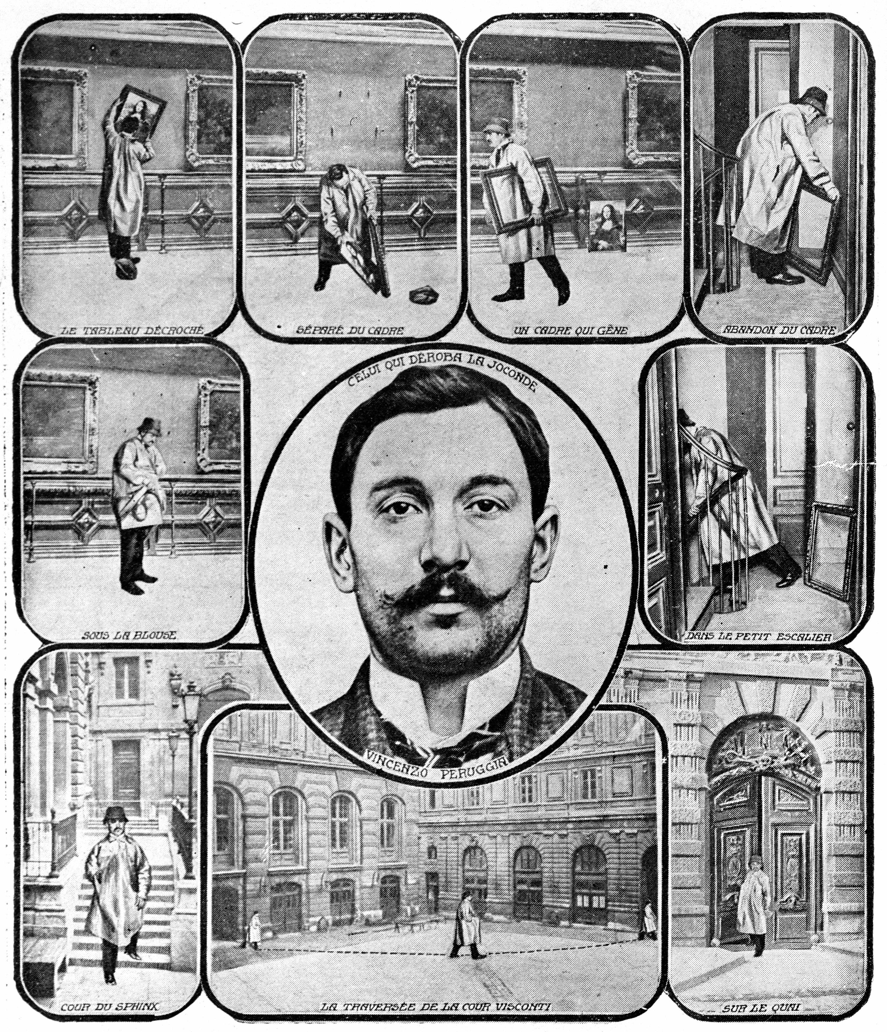 This reconstruction shows how Vincenzo Peruggia perpetrated what has been described as the greatest art theft of the 20th century. The former Louvre worker walked into the museum one day and, noticing the room containing the Mona Lisa had no guards or visitors, took the painting off its pegs, removed it from the frame, and walked out of the Louvre with it under his arm.