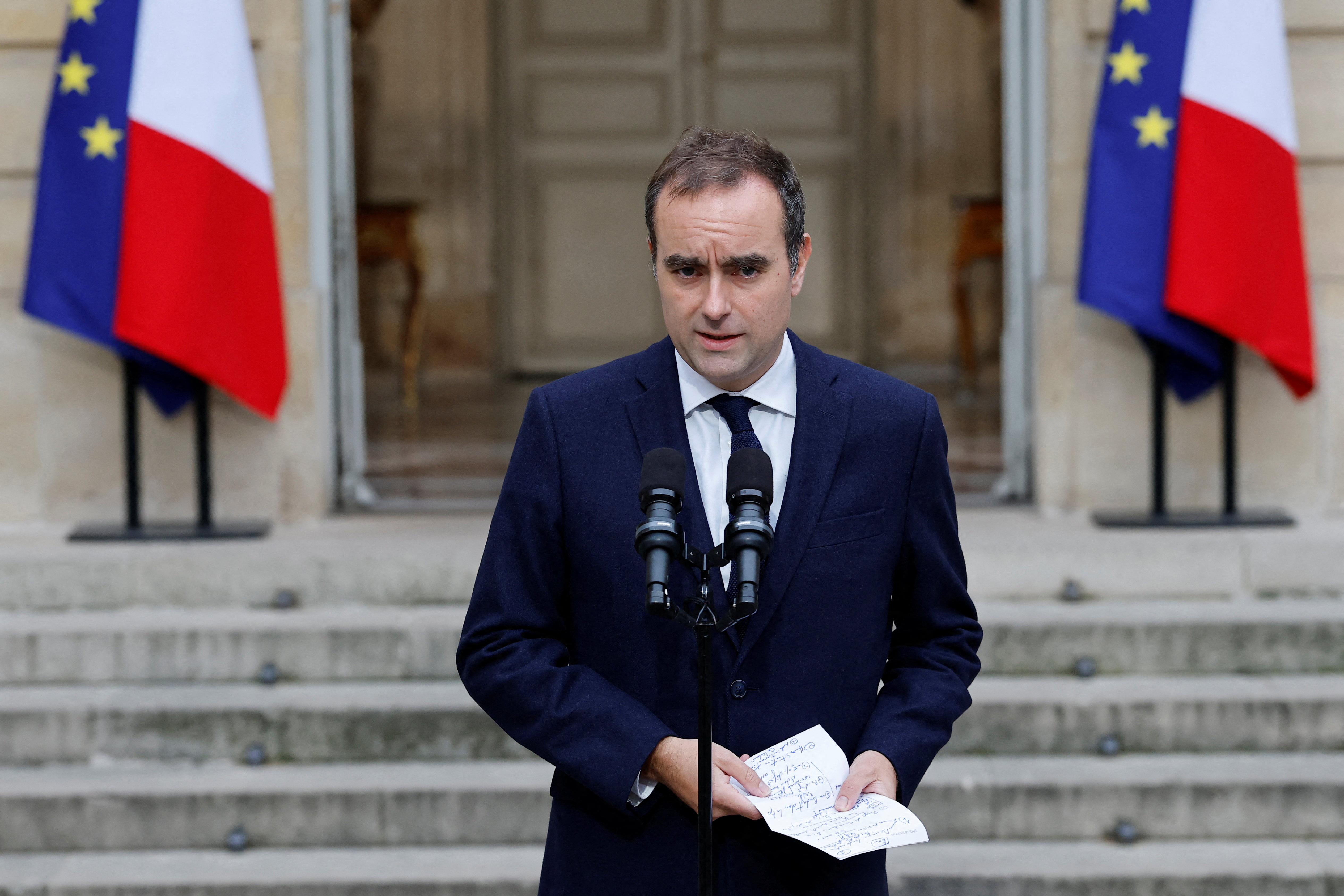 French Prime Minister Sebastien Lecornu gives a statement on the sidelines of his talks with political parties' leaders in a bid to form a coalition government, able to pass an austerity budget through parliament, at the Hotel Matignon in Paris on October 8, 2025.