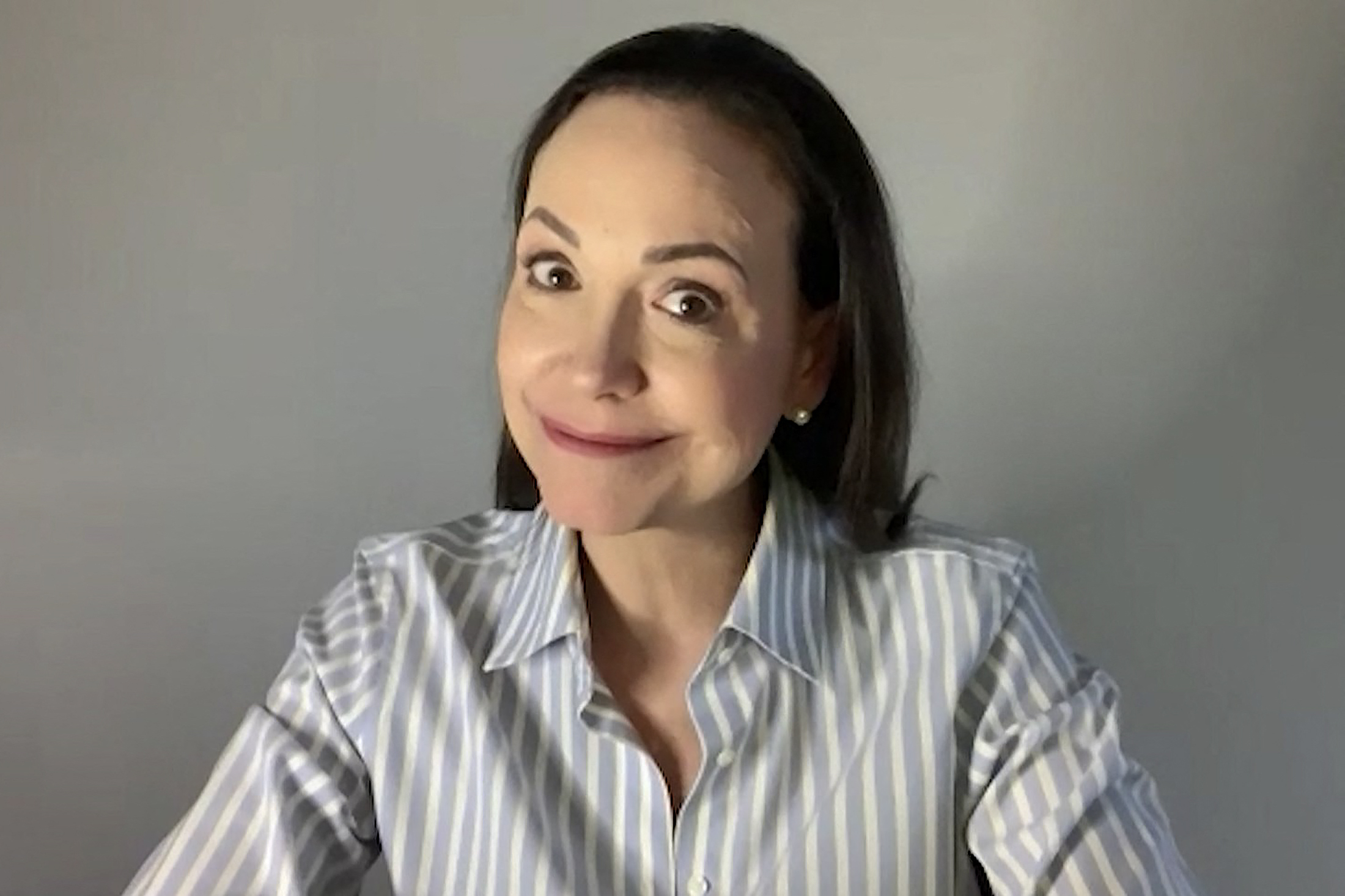 This AFPTV video grab shows Nobel Peace Prize winner and opposition leader Maria Corina Machado speaking from an undisclosed location, during an interview with AFP via Zoom, in Caracas on October 13, 2025.