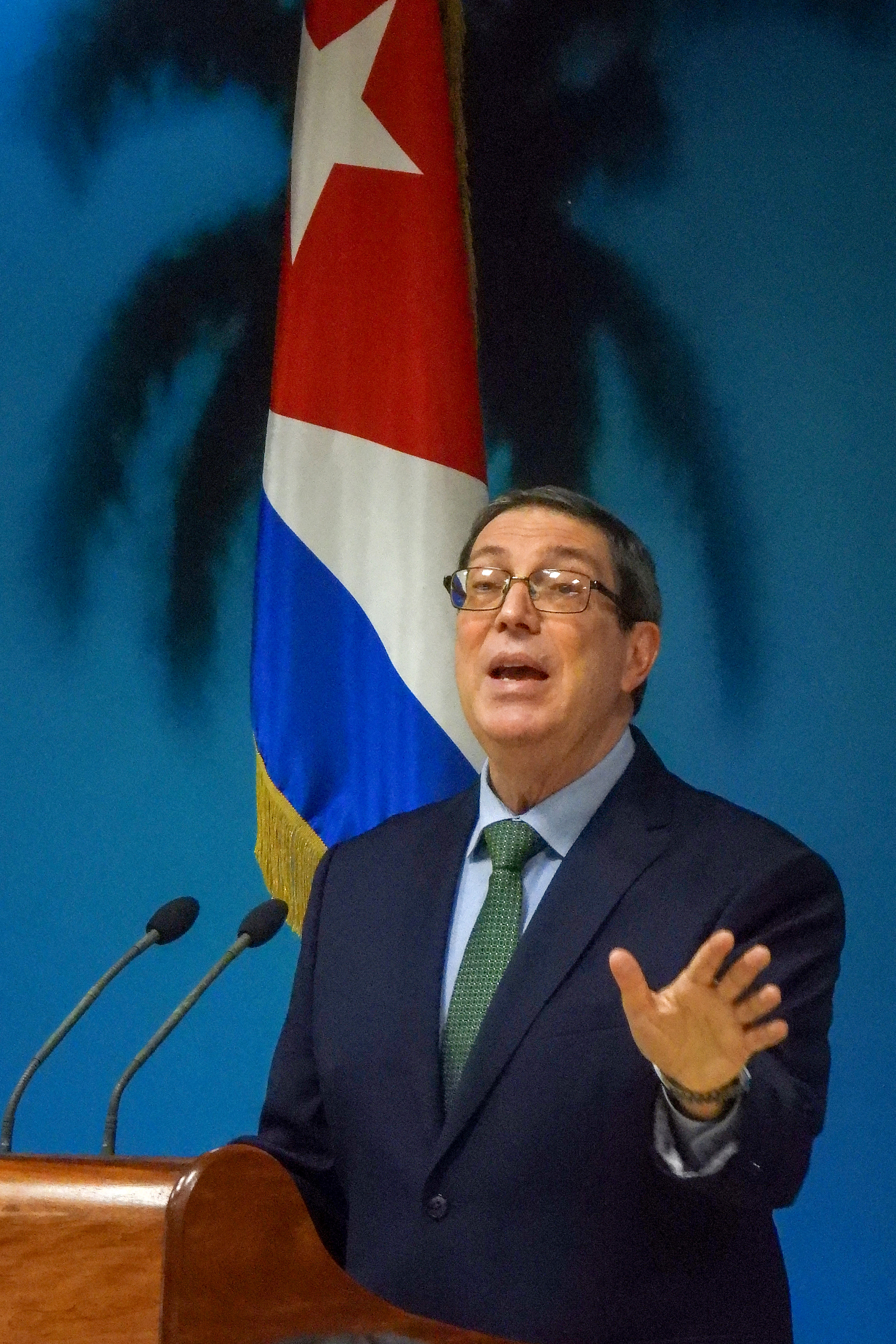 Cuba's Foreign Minister Bruno Rodriguez gestures as he speaks during a press conference in Havana on October 22, 2025.