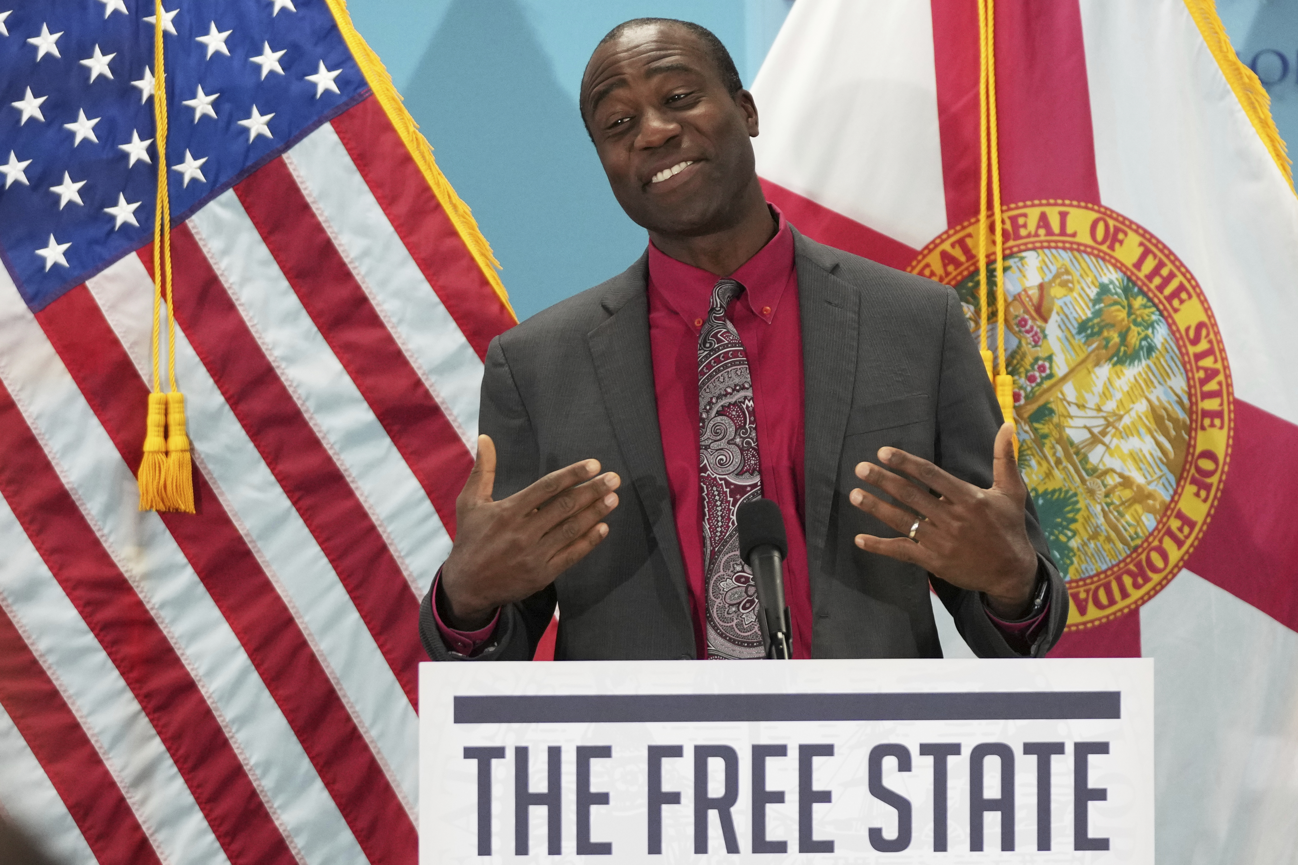 Florida Department of Health Surgeon General Dr. Joseph Ladapo speaks during a public event where Gov. Ron DeSantis announced he would sign a bill banning the use of fluoride in public water systems, Tuesday, May 6, 2025, in Miami. (AP Photo/Lynne Sladky)
