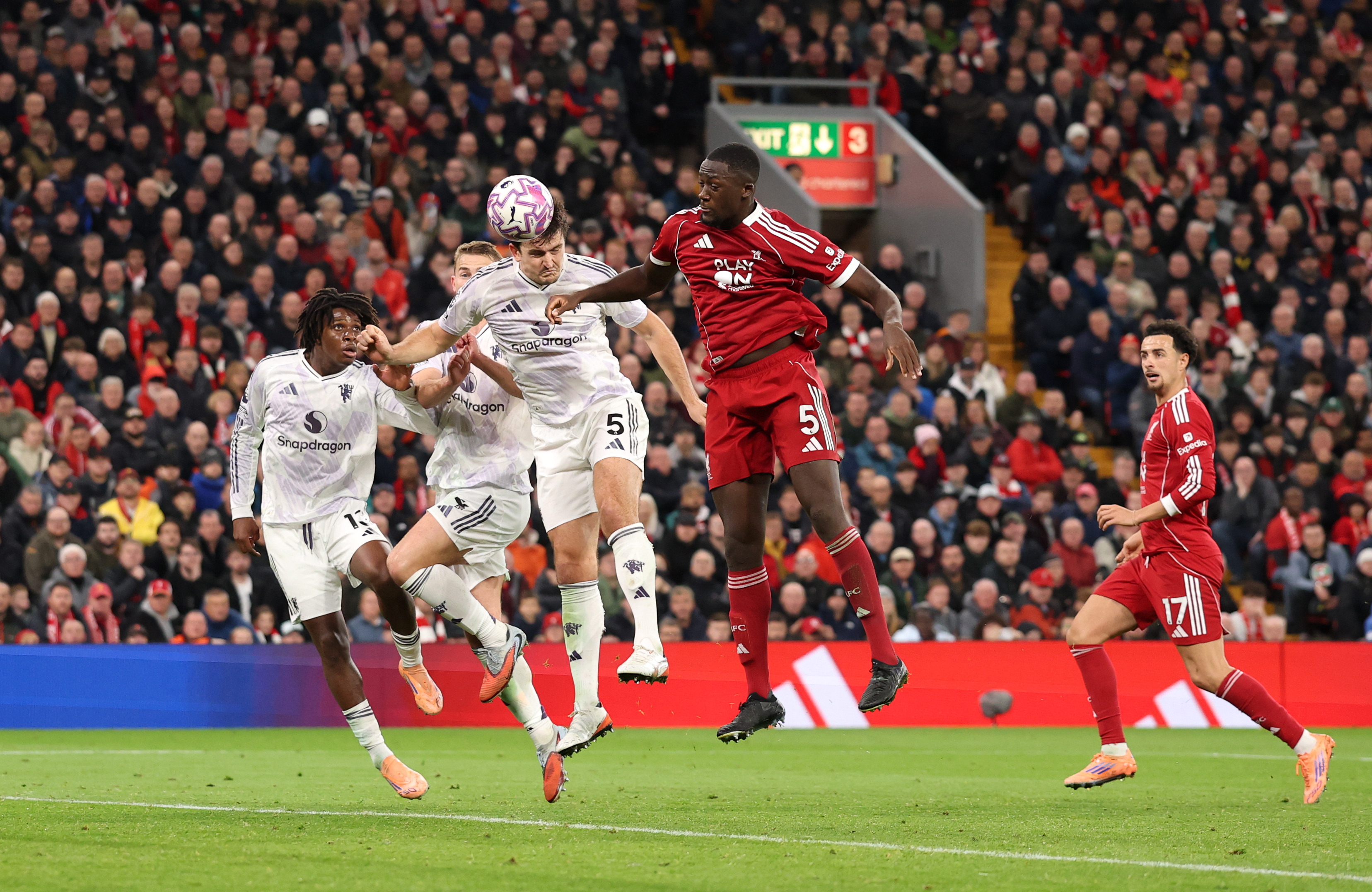 LIVERPOOL, ENGLAND - OCTOBER 19: Harry Maguire of Manchester United scores his team's second goal during the Premier League match between Liverpool and Manchester United at Anfield on October 19, 2025 in Liverpool, England. (Photo by Carl Recine/Getty Images)