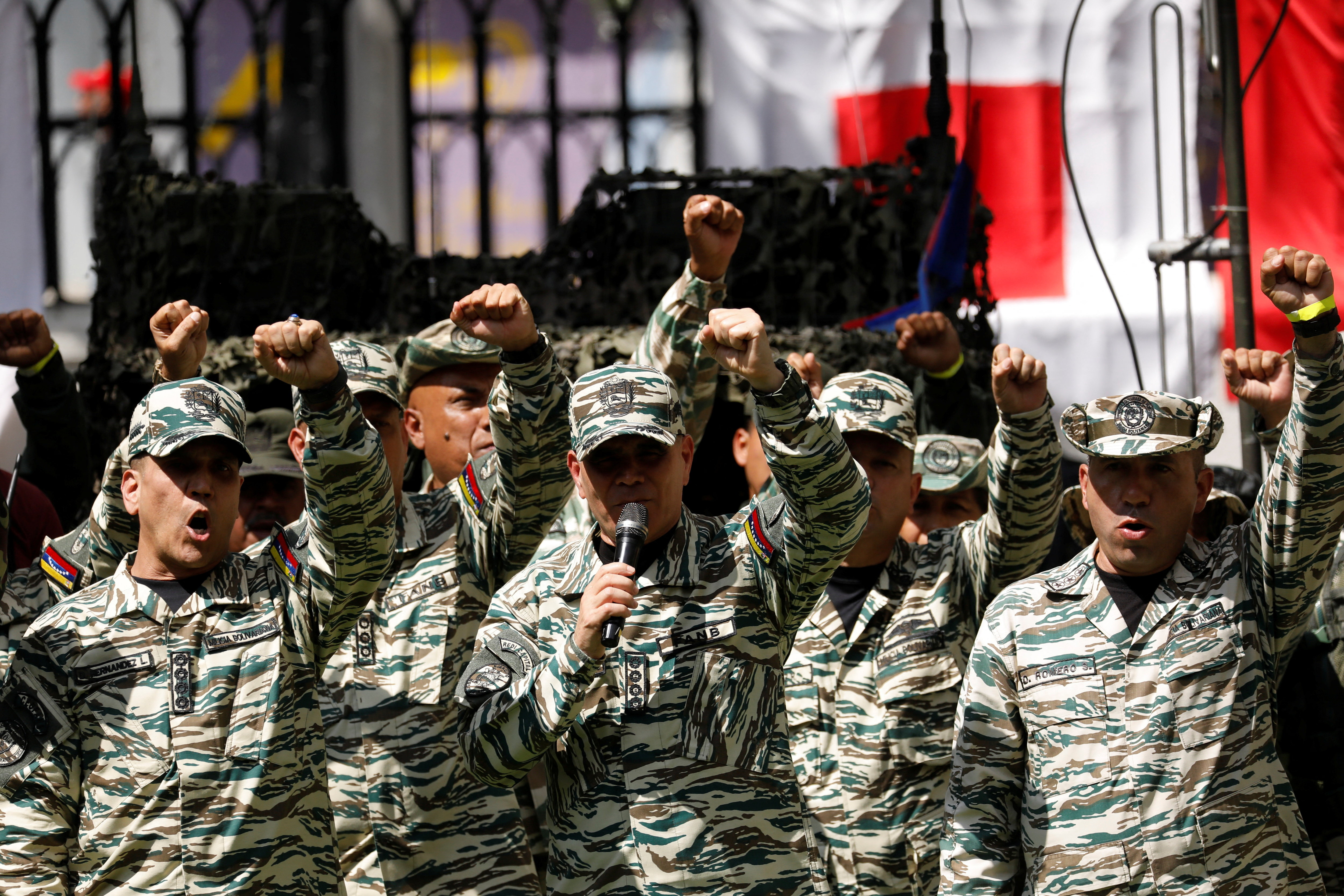 Venezuela's Defense Minister Vladimir Padrino Lopez and military high command offciers attend a military drill following Venezuelan President Nicolas Maduro'