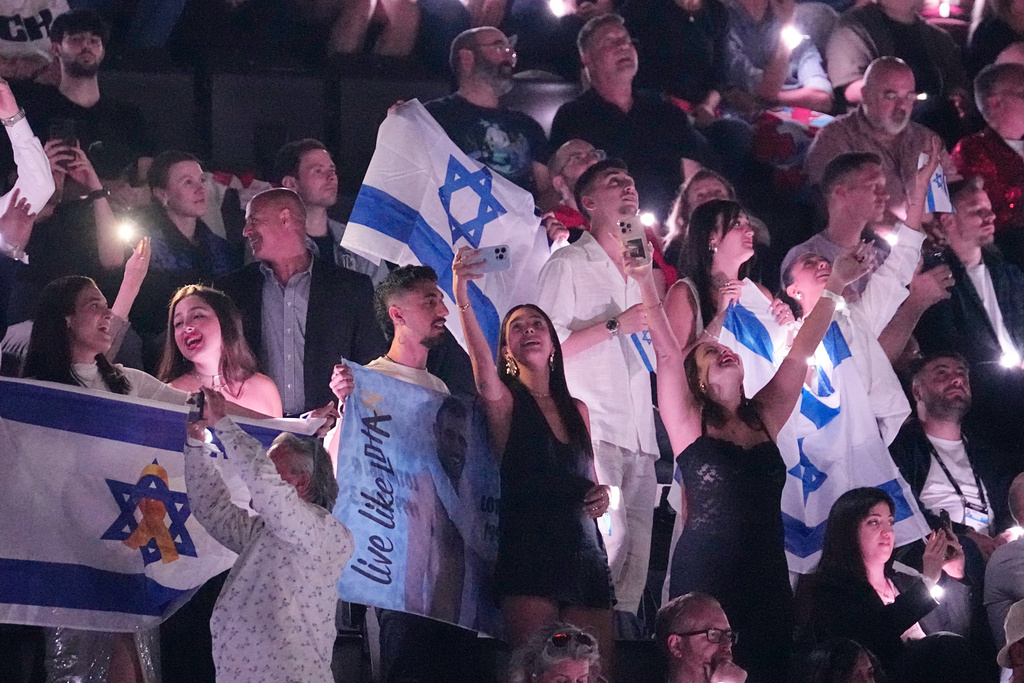 Israeli fans cheer for Israeli Eurovision contestant Yuval Raphael